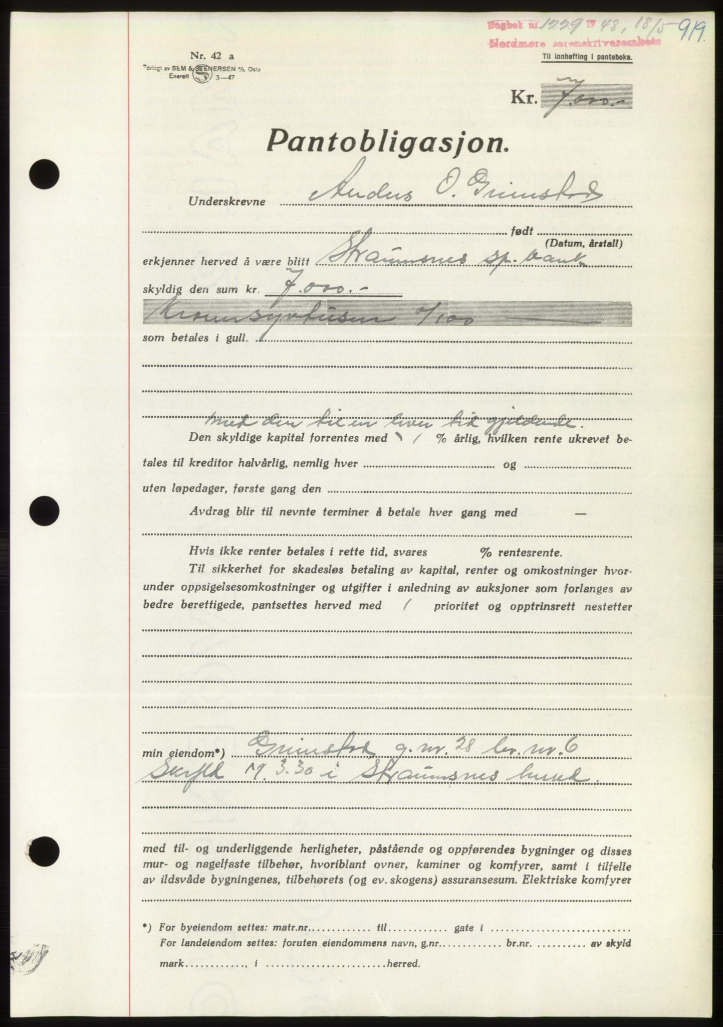 Nordmøre sorenskriveri, SAT/A-4132/1/2/2Ca: Pantebok nr. B98, 1948-1948, Dagboknr: 1229/1948