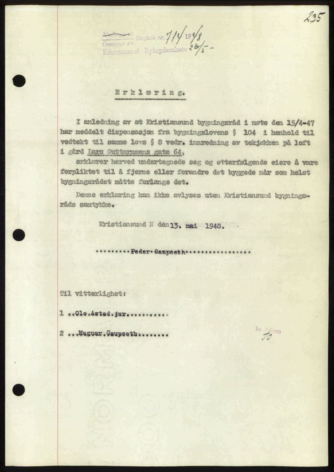 Kristiansund byfogd, AV/SAT-A-4587/A/27: Pantebok nr. 44, 1947-1948, Dagboknr: 714/1948
