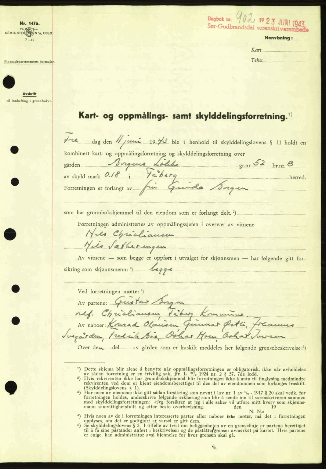 Sør-Gudbrandsdal tingrett, SAH/TING-004/H/Hb/Hbd/L0012: Pantebok nr. A12, 1943-1944, Dagboknr: 902/1943