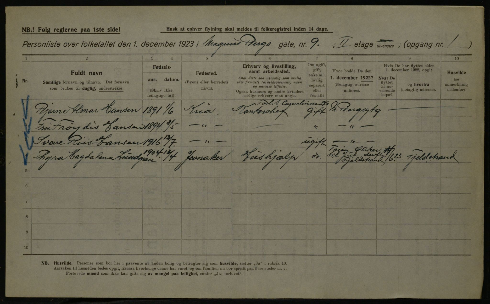 OBA, Kommunal folketelling 1.12.1923 for Kristiania, 1923, s. 65854