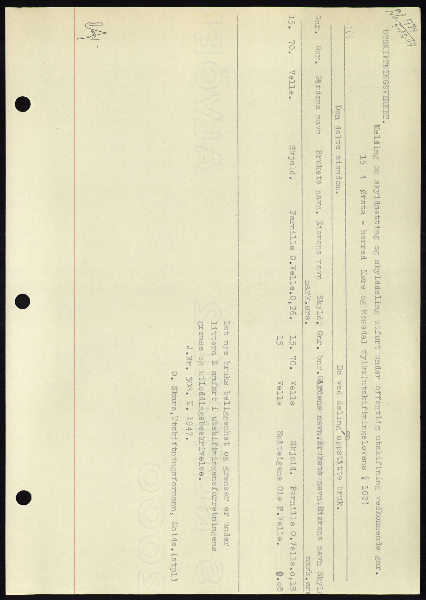 Søre Sunnmøre sorenskriveri, AV/SAT-A-4122/1/2/2C/L0081: Pantebok nr. 7A, 1947-1948, Dagboknr: 1778/1947