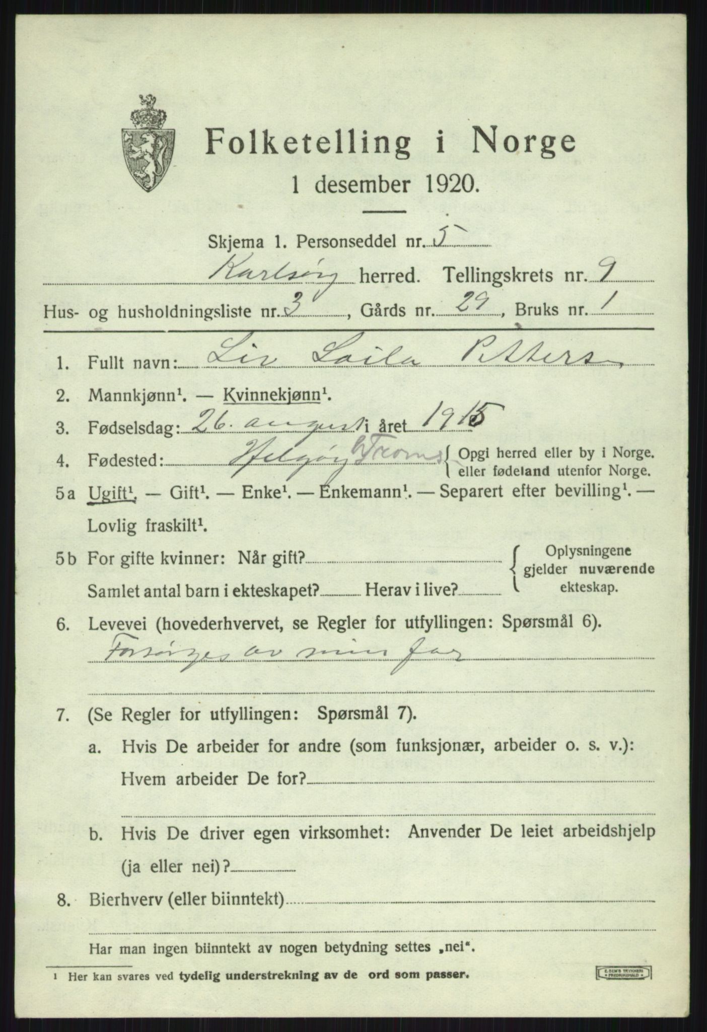 SATØ, Folketelling 1920 for 1936 Karlsøy herred, 1920, s. 3352