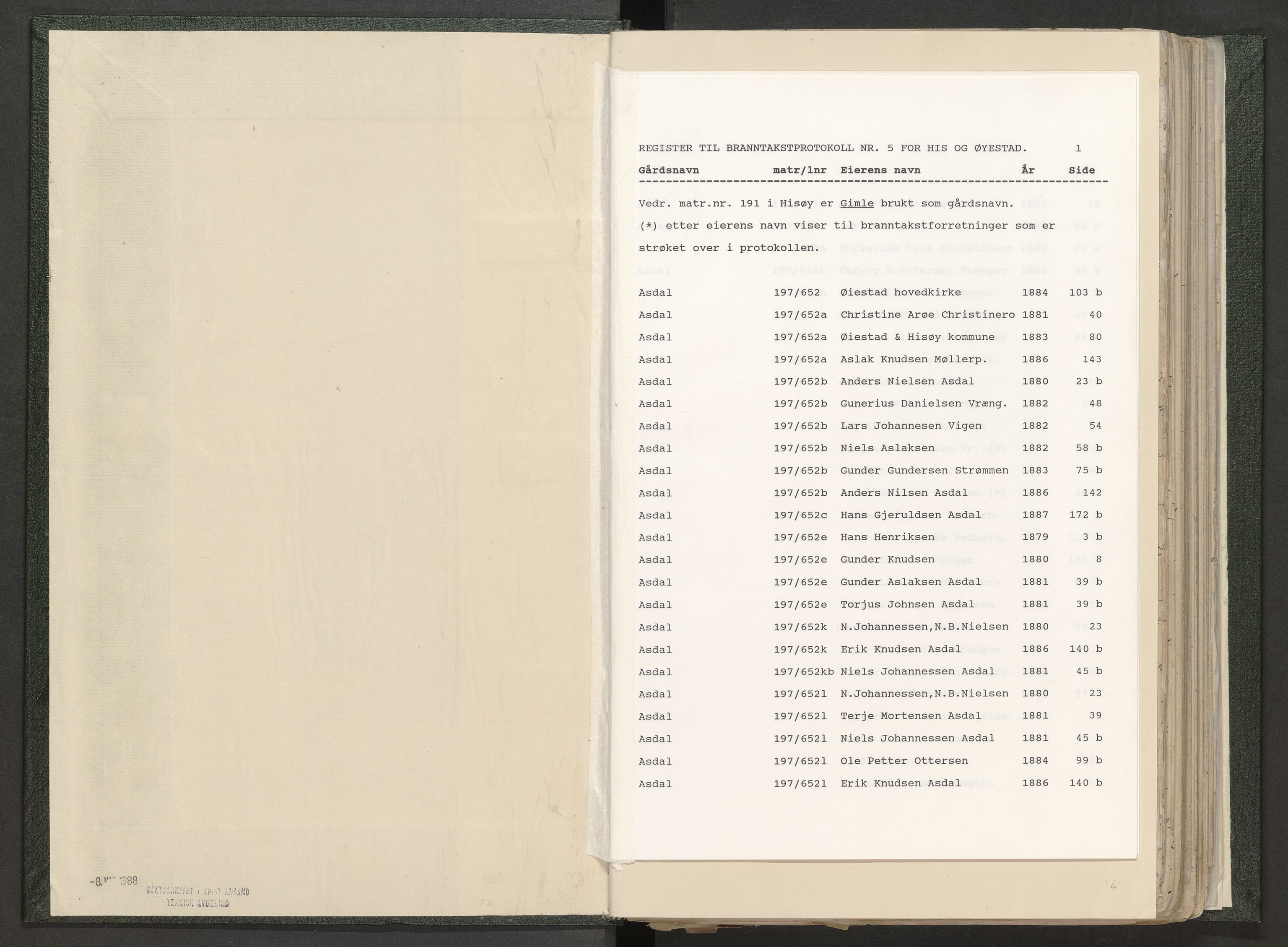 Norges Brannkasse Øyestad, SAK/2241-0059/F/Fa/L0005: Branntakstprotokoll nr. 5 for Øyestad og Hisøy med gårdsnavnregister, 1879-1887