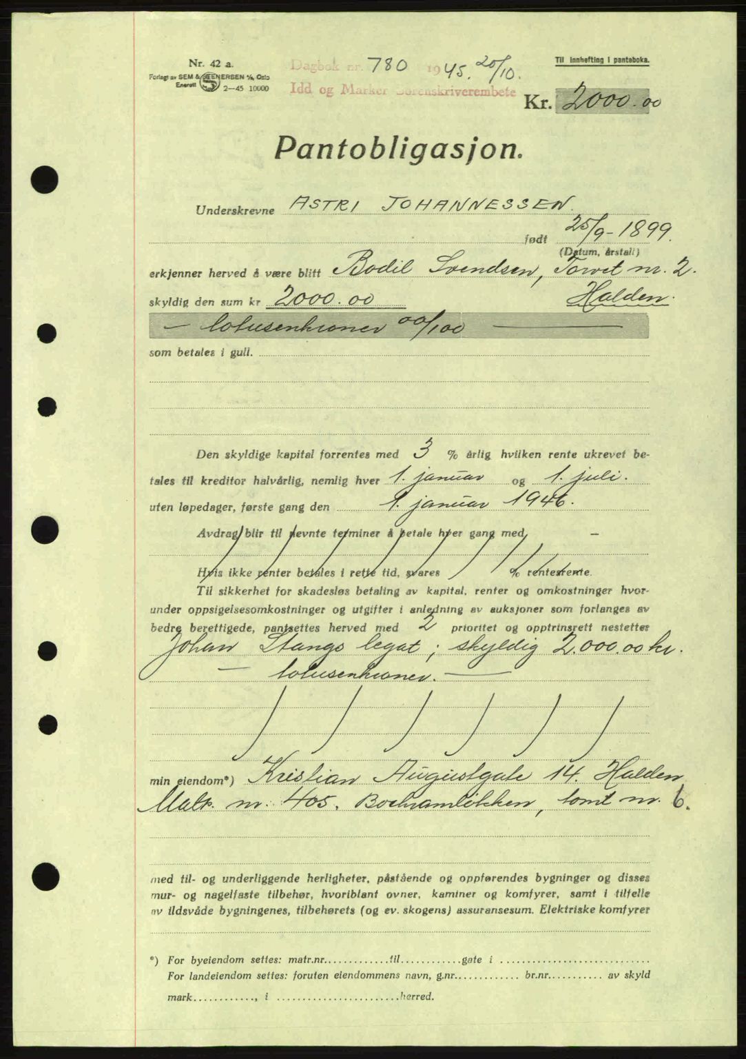 Idd og Marker sorenskriveri, AV/SAO-A-10283/G/Gb/Gbc/L0002: Pantebok nr. B4-9a, 1939-1945, Dagboknr: 780/1945