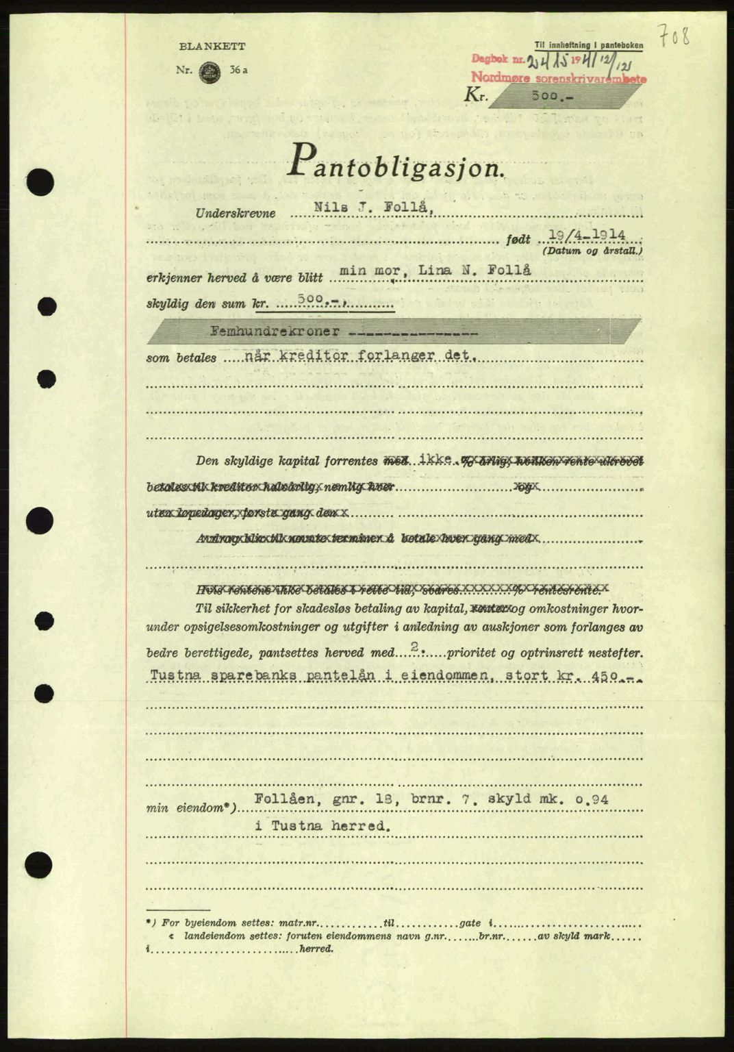 Nordmøre sorenskriveri, SAT/A-4132/1/2/2Ca: Pantebok nr. B88, 1941-1942, Dagboknr: 2415/1941