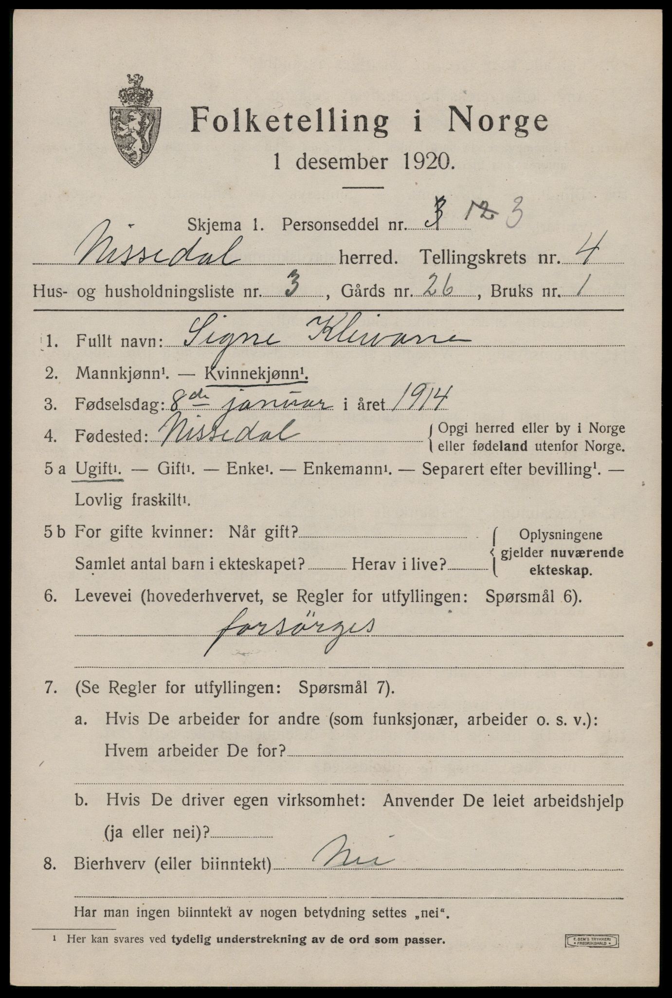 SAKO, Folketelling 1920 for 0830 Nissedal herred, 1920, s. 1849