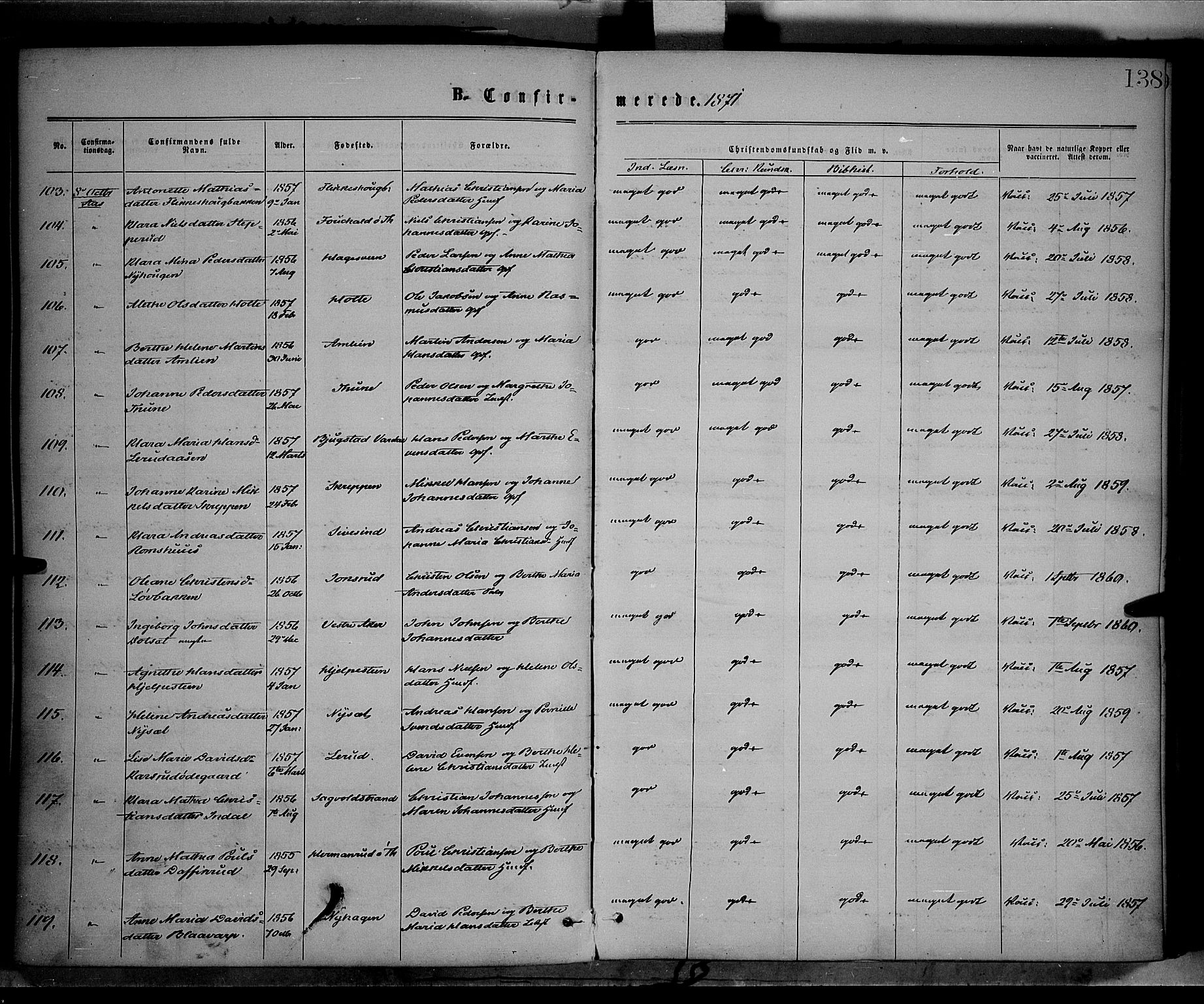 Vestre Toten prestekontor, SAH/PREST-108/H/Ha/Haa/L0008: Ministerialbok nr. 8, 1870-1877, s. 138