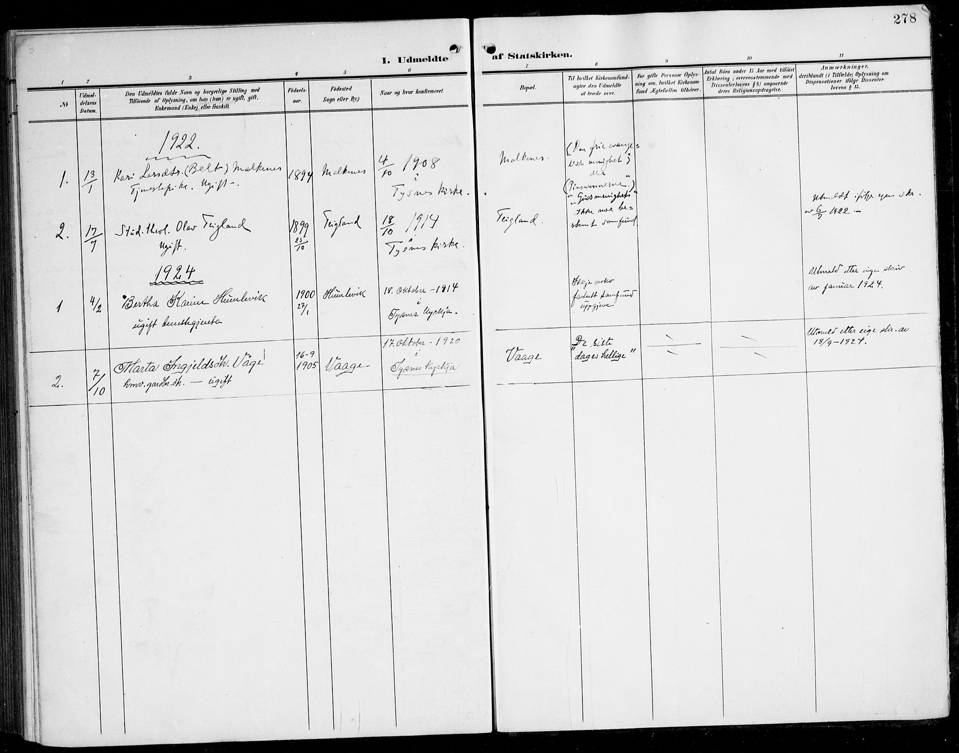 Tysnes sokneprestembete, AV/SAB-A-78601/H/Haa: Ministerialbok nr. B 2, 1907-1925, s. 278