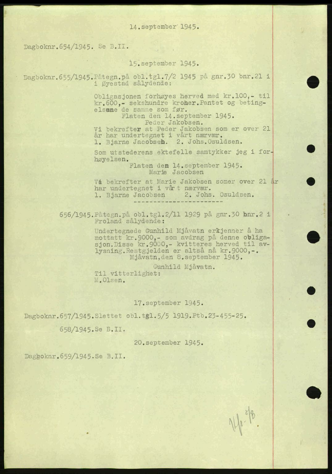 Nedenes sorenskriveri, SAK/1221-0006/G/Gb/Gba/L0052: Pantebok nr. A6a, 1944-1945, Dagboknr: 654/1945