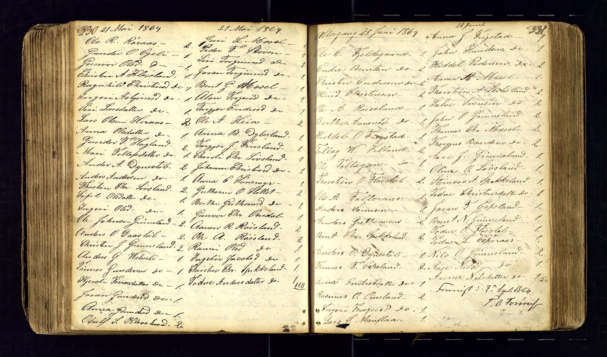Bjelland sokneprestkontor, AV/SAK-1111-0005/F/Fc/Fcb/L0001: Kommunikantprotokoll nr. C-1, 1827-1906, s. 330-331