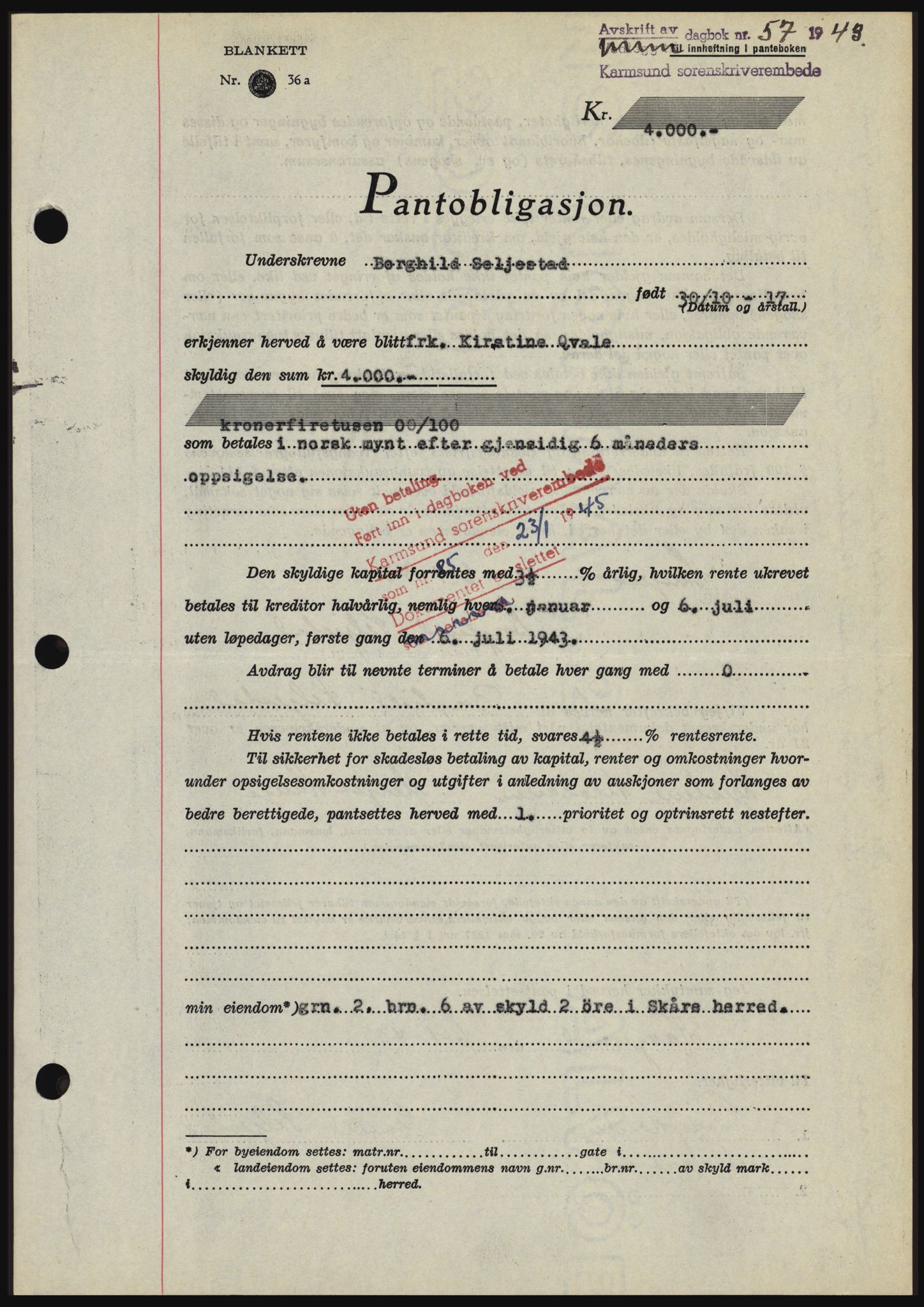 Karmsund sorenskriveri, SAST/A-100311/01/II/IIBBE/L0008: Pantebok nr. B 54, 1942-1943, Dagboknr: 57/1943