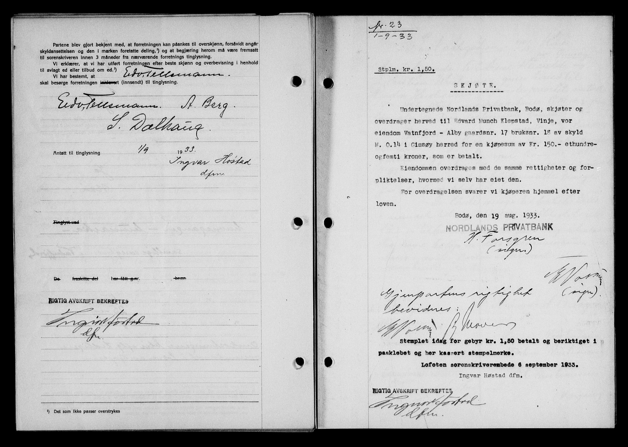 Lofoten sorenskriveri, SAT/A-0017/1/2/2C/L0028b: Pantebok nr. 28b, 1933-1933, Tingl.dato: 01.09.1933