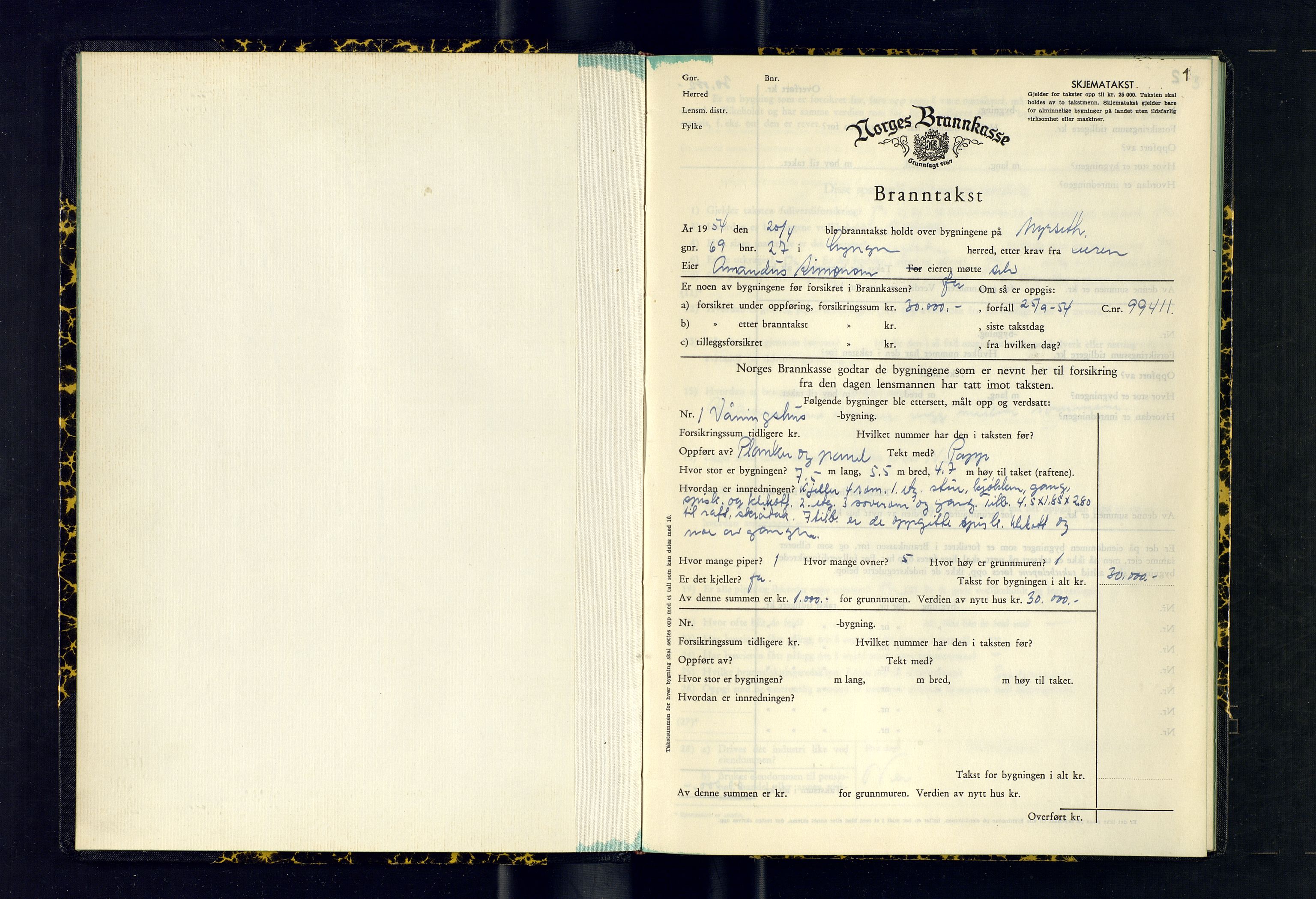 Lyngen lensmannskontor, AV/SATØ-SATO-99/F/Fm/Fmb/L0142: Branntakstprotokoller, 1954, s. 1