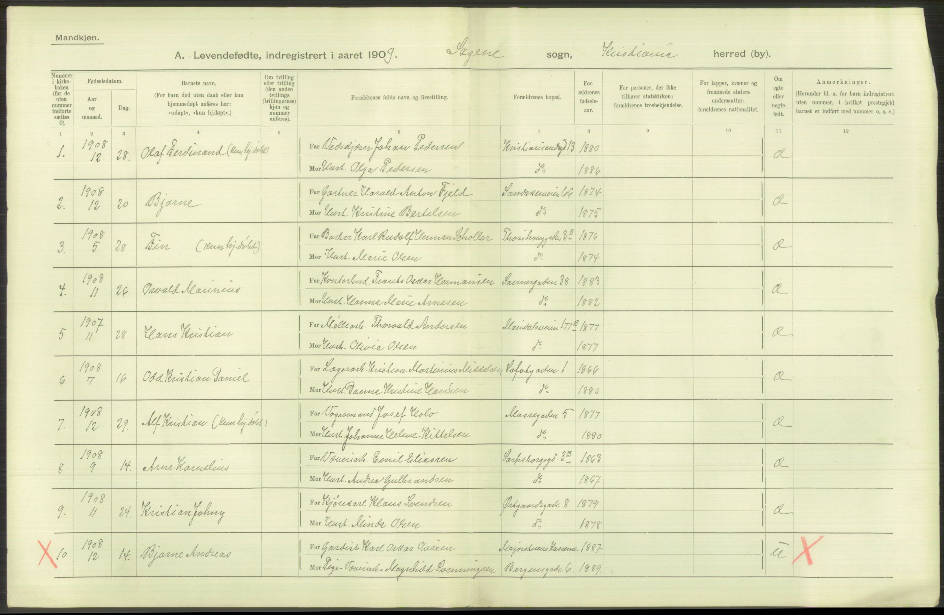 Statistisk sentralbyrå, Sosiodemografiske emner, Befolkning, RA/S-2228/D/Df/Dfa/Dfag/L0007: Kristiania: Levendefødte menn og kvinner., 1909, s. 324