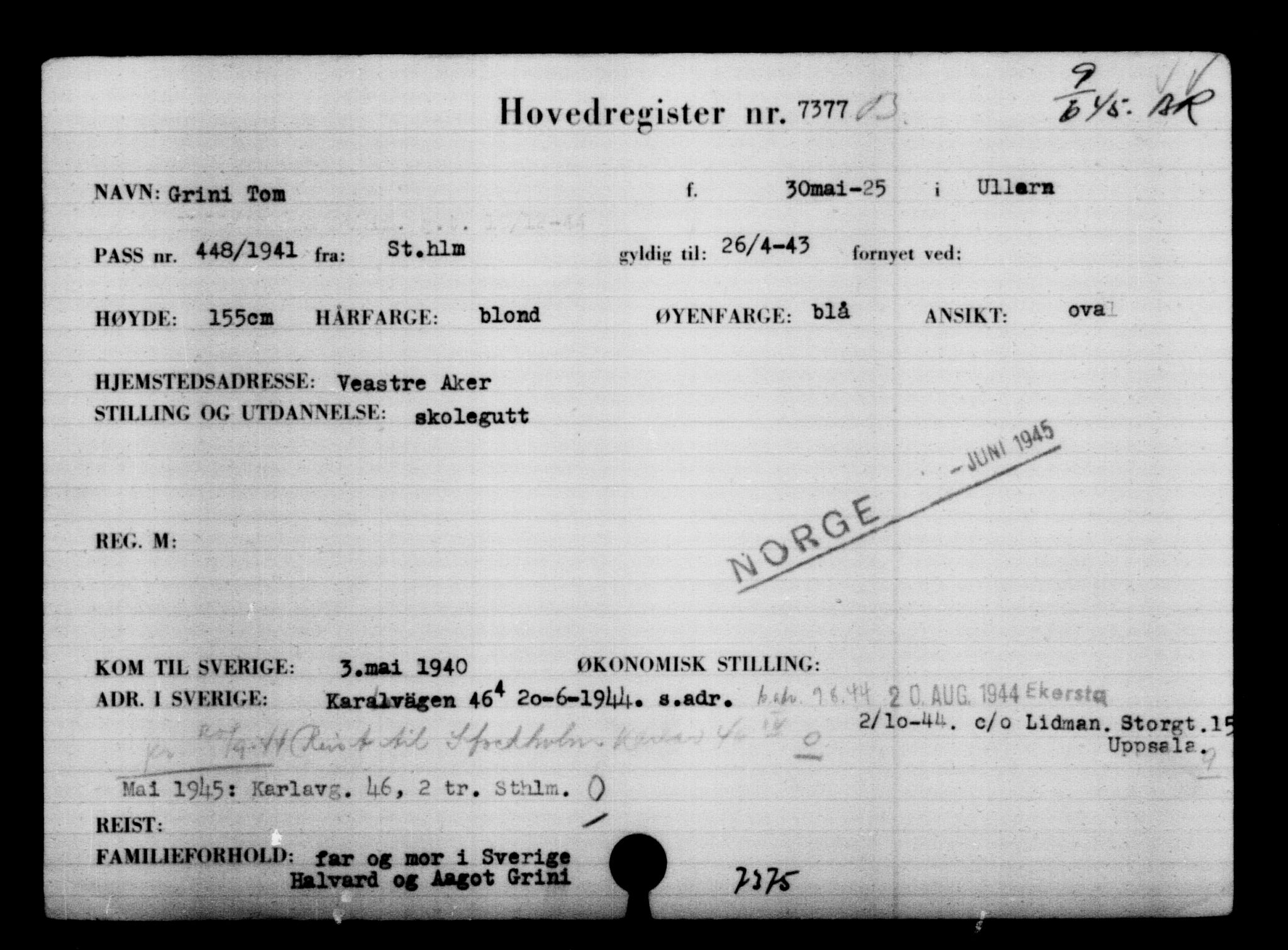 Utenriksstasjonene, Legasjonen i Stockholm, Flyktningkontoret, AV/RA-S-6753/V/Va/L0005: Kjesäterkartoteket, flyktninger med registreringsnr. 6600-9417, 1940-1945, s. 913