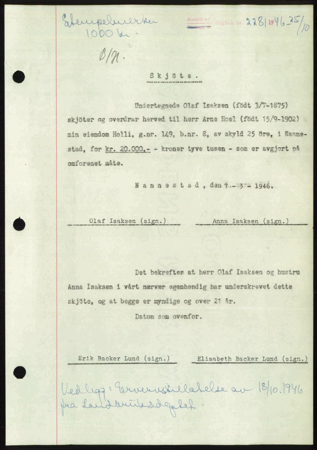 Eidsvoll tingrett, SAO/A-10371/G/Gb/Gbb/L0015: Pantebok nr. A43, 1946-1947, Dagboknr: 2281/1946