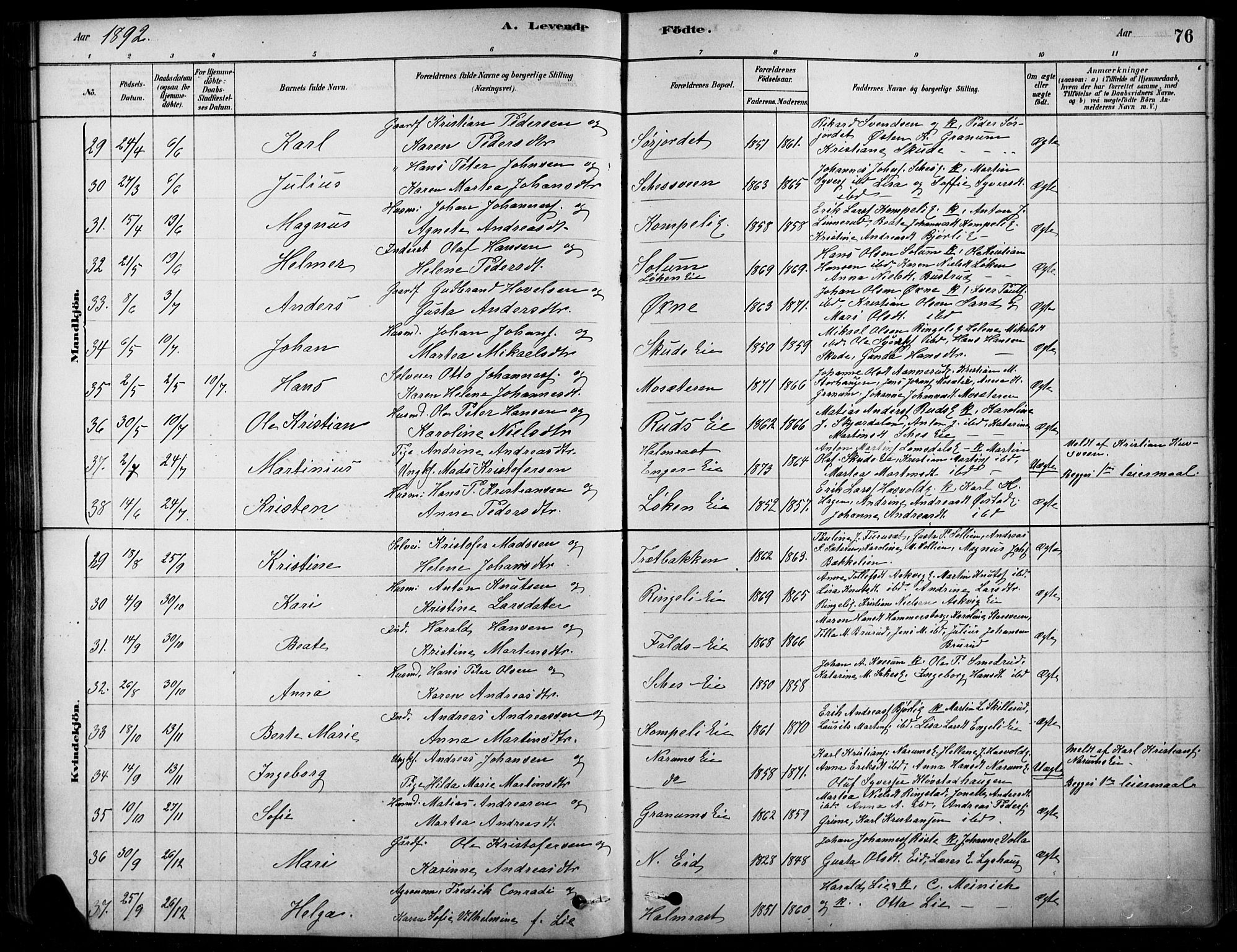 Søndre Land prestekontor, AV/SAH-PREST-122/K/L0003: Ministerialbok nr. 3, 1878-1894, s. 76