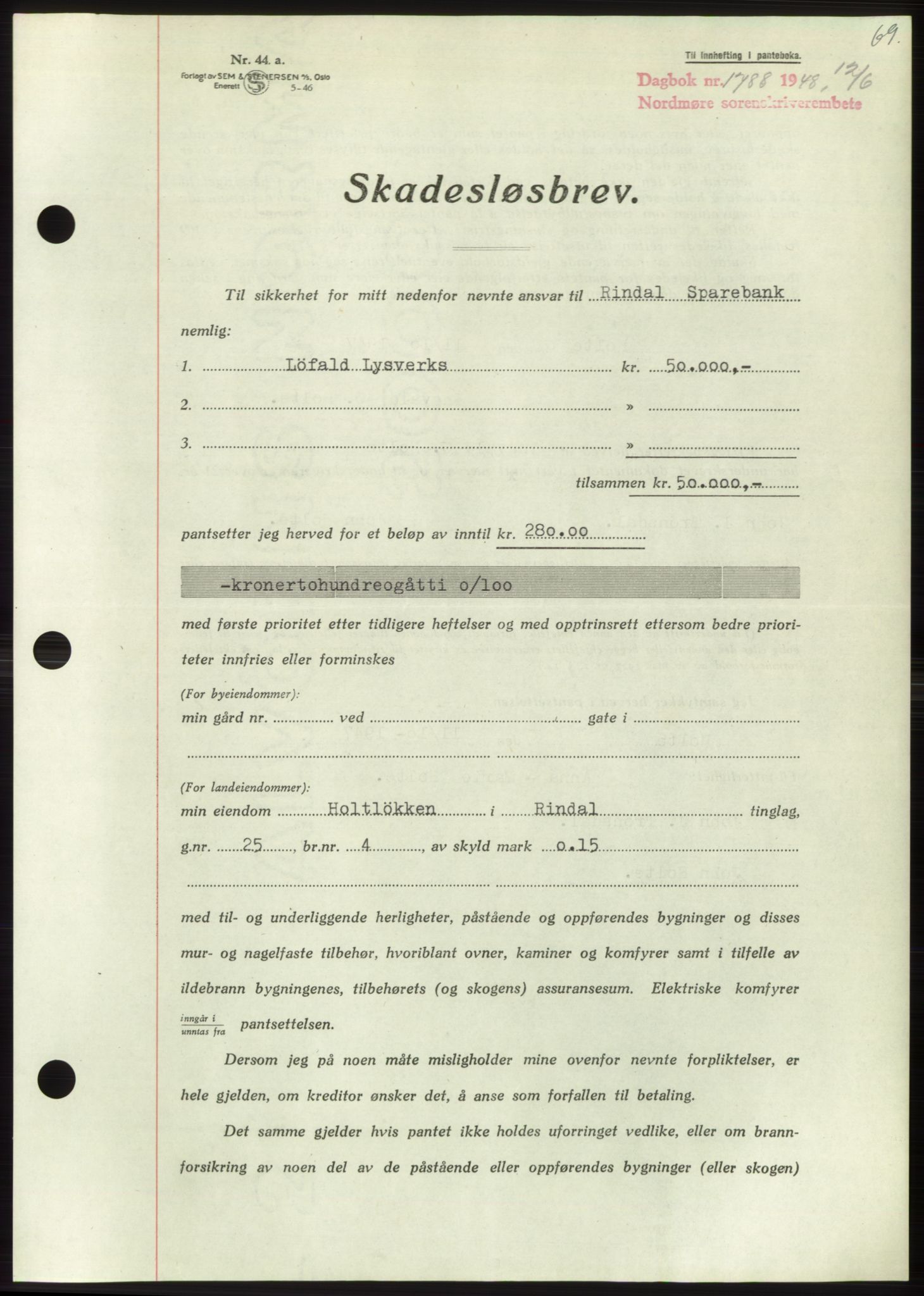 Nordmøre sorenskriveri, SAT/A-4132/1/2/2Ca: Pantebok nr. B99, 1948-1948, Dagboknr: 1788/1948