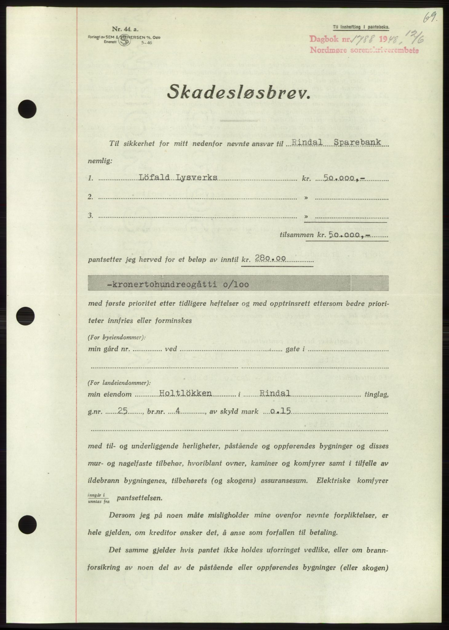 Nordmøre sorenskriveri, AV/SAT-A-4132/1/2/2Ca: Pantebok nr. B99, 1948-1948, Dagboknr: 1788/1948