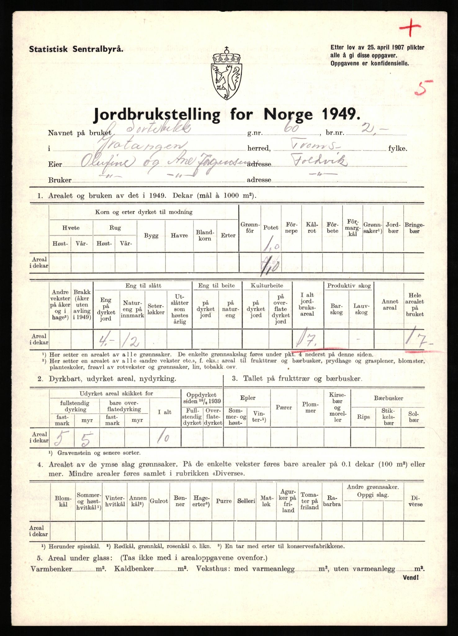 Statistisk sentralbyrå, Næringsøkonomiske emner, Jordbruk, skogbruk, jakt, fiske og fangst, AV/RA-S-2234/G/Gc/L0437: Troms: Gratangen og Lavangen, 1949, s. 697