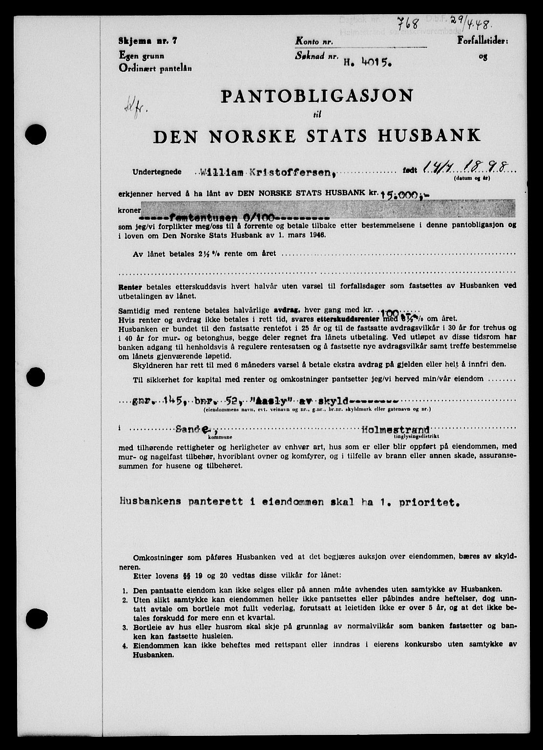 Holmestrand sorenskriveri, SAKO/A-67/G/Ga/Gab/L0058: Pantebok nr. B-58, 1947-1948, Dagboknr: 768/1948