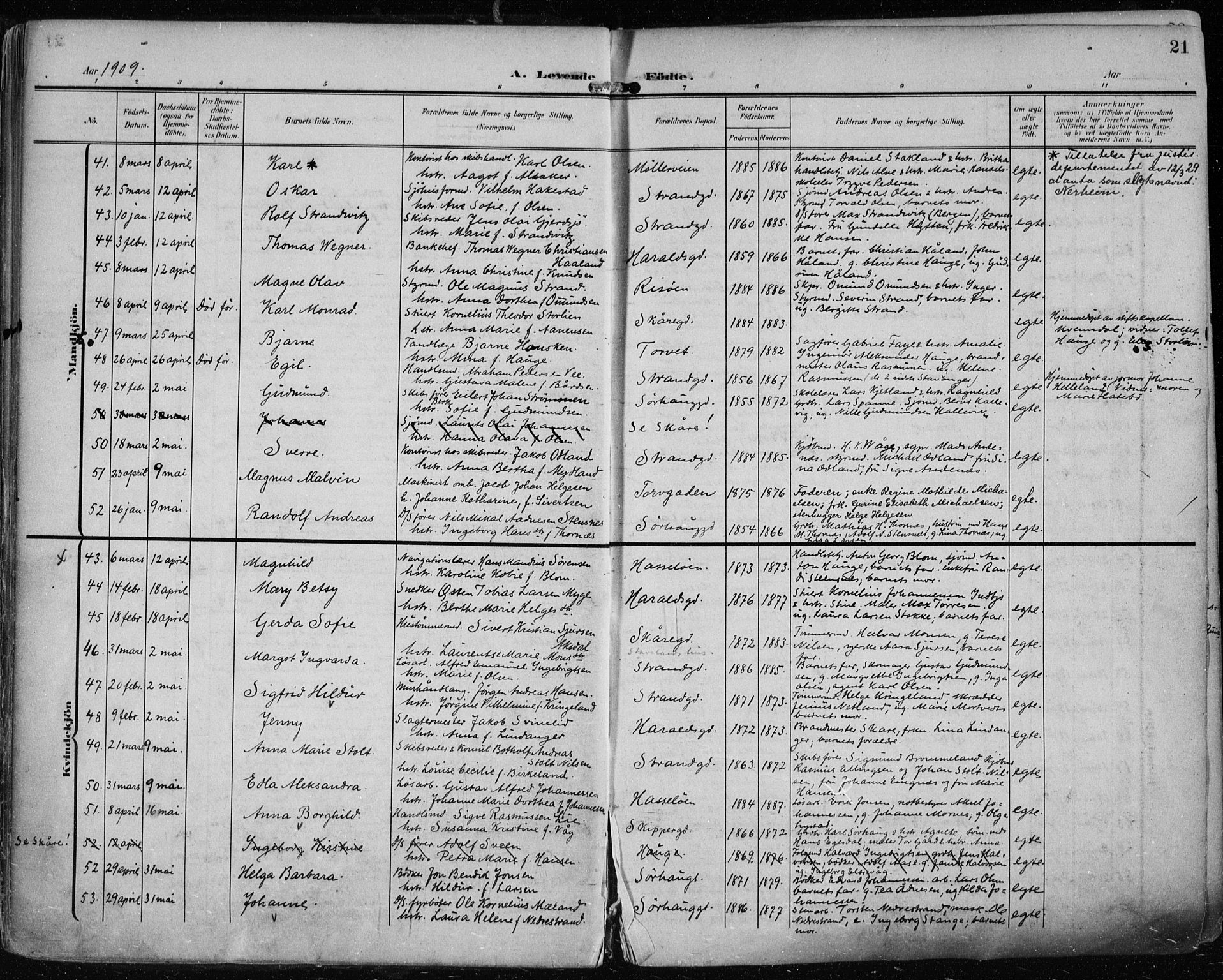 Haugesund sokneprestkontor, AV/SAST-A -101863/H/Ha/Haa/L0008: Ministerialbok nr. A 8, 1908-1921, s. 21