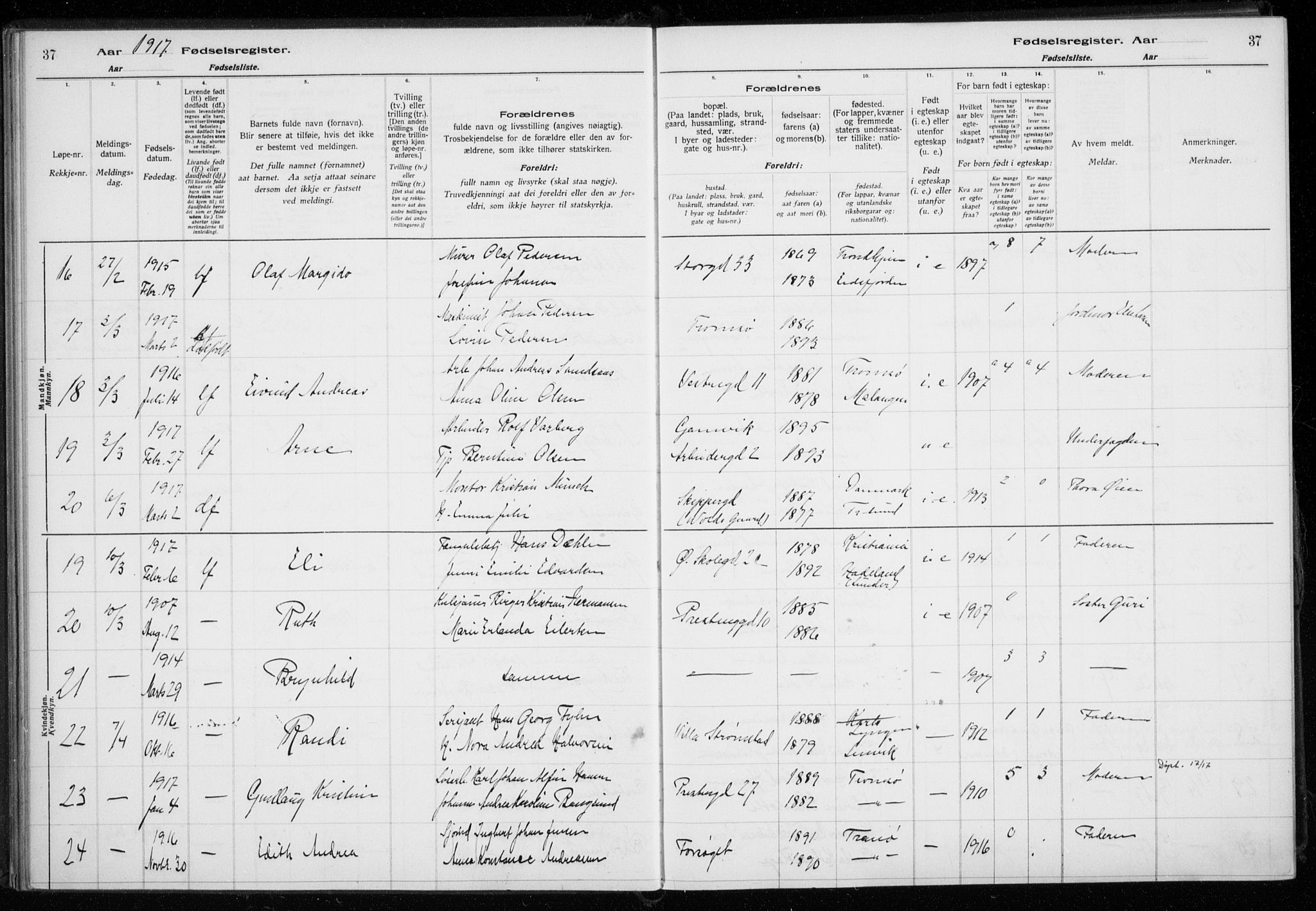 Tromsø sokneprestkontor/stiftsprosti/domprosti, AV/SATØ-S-1343/H/Ha/L0131: Fødselsregister nr. 131, 1916-1921, s. 37