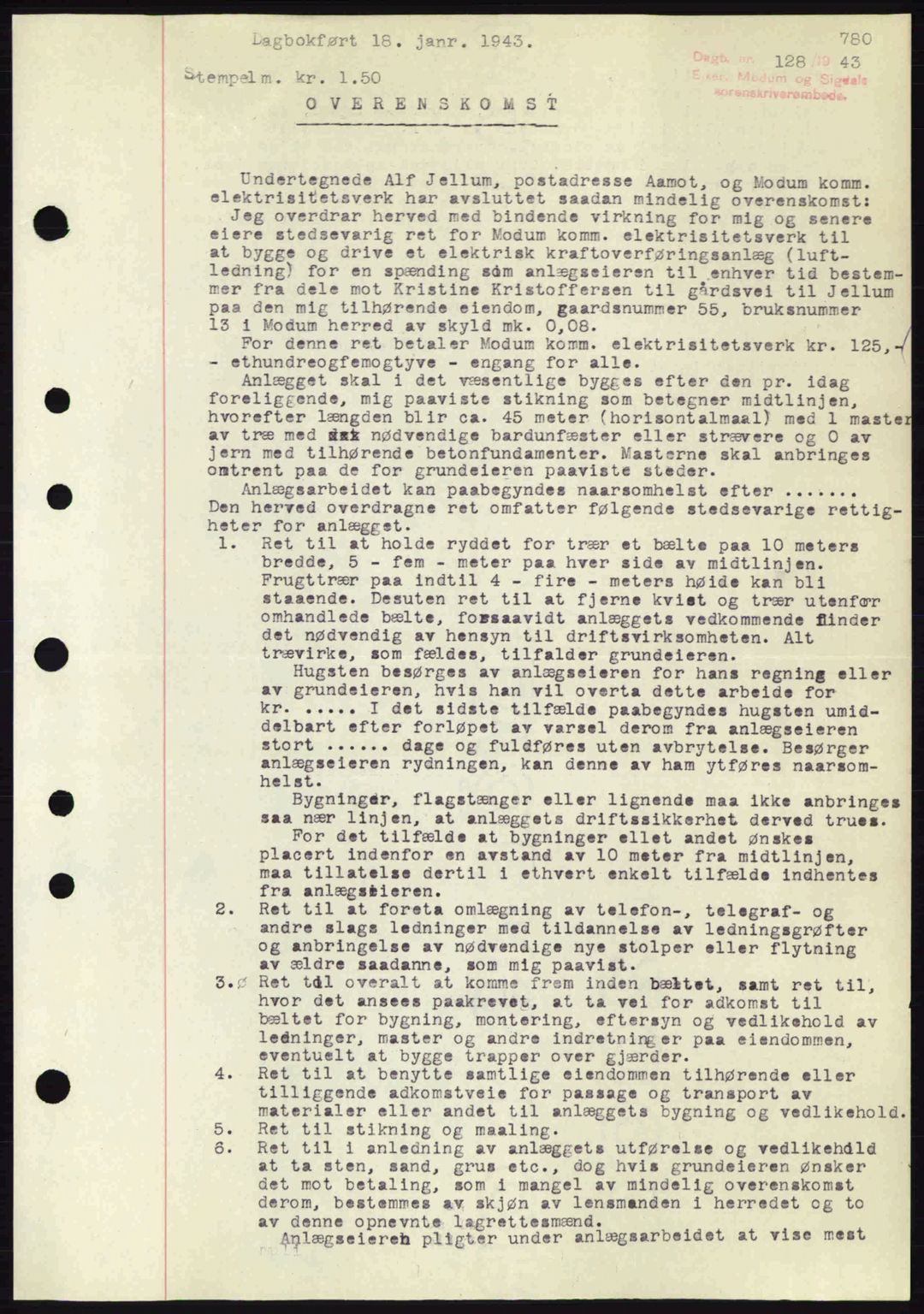 Eiker, Modum og Sigdal sorenskriveri, SAKO/A-123/G/Ga/Gab/L0047: Pantebok nr. A17, 1942-1943, Dagboknr: 128/1943