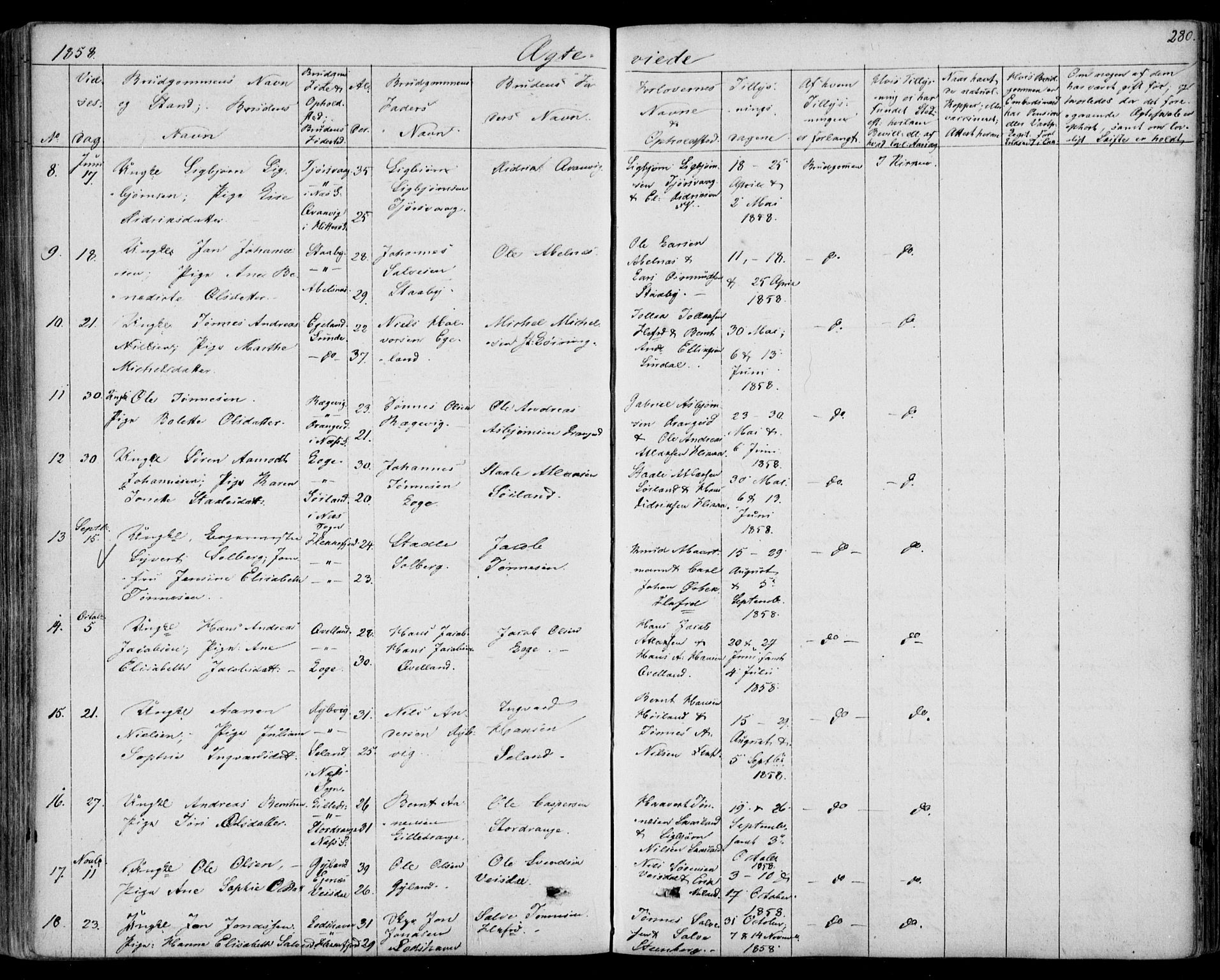 Flekkefjord sokneprestkontor, AV/SAK-1111-0012/F/Fb/Fbc/L0005: Klokkerbok nr. B 5, 1846-1866, s. 280