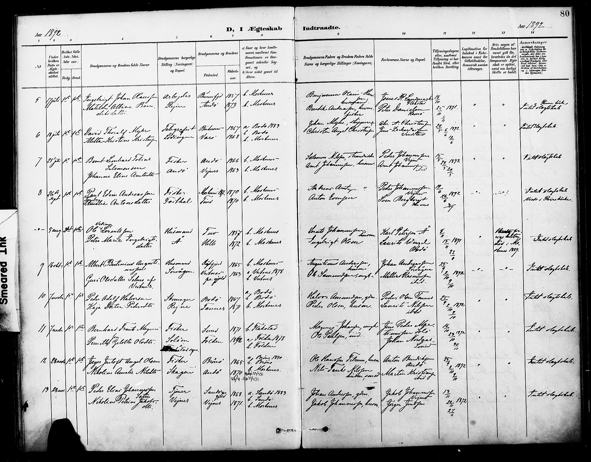 Ministerialprotokoller, klokkerbøker og fødselsregistre - Nordland, AV/SAT-A-1459/886/L1220: Ministerialbok nr. 886A02, 1892-1903, s. 80