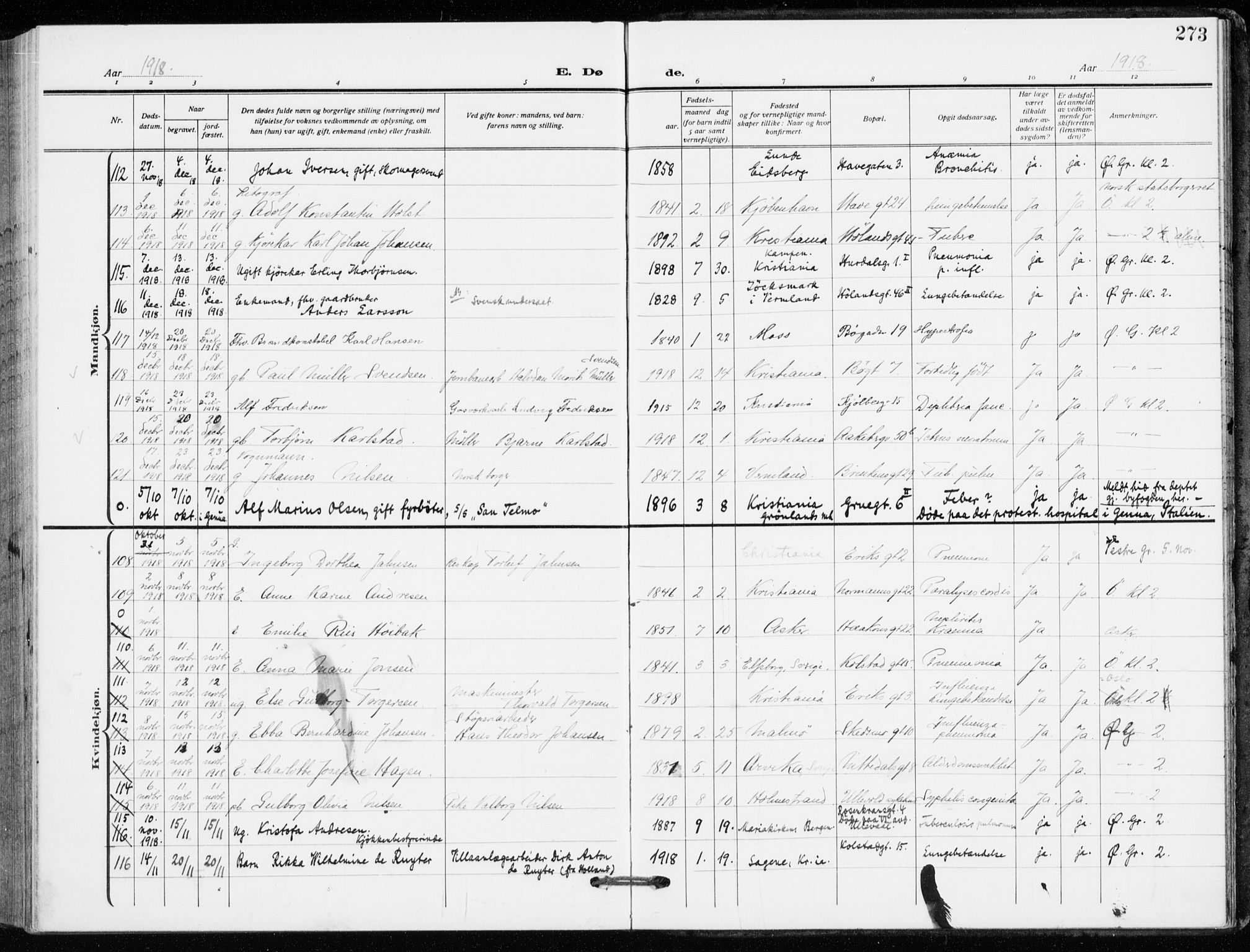 Kampen prestekontor Kirkebøker, AV/SAO-A-10853/F/Fa/L0013: Ministerialbok nr. I 13, 1917-1922, s. 273