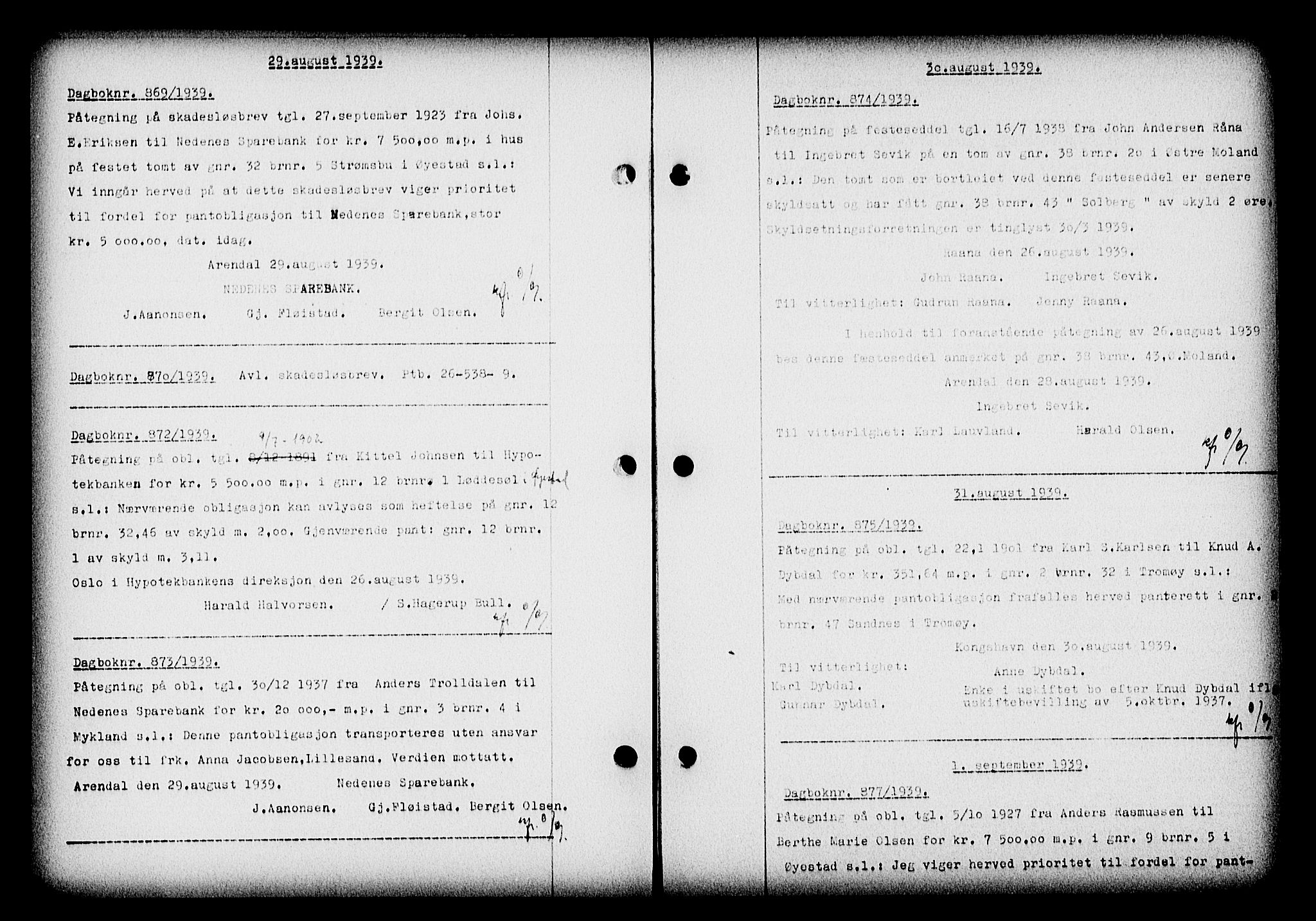 Nedenes sorenskriveri, AV/SAK-1221-0006/G/Gb/Gba/L0047: Pantebok nr. A-I, 1939-1940, Dagboknr: 869/1939