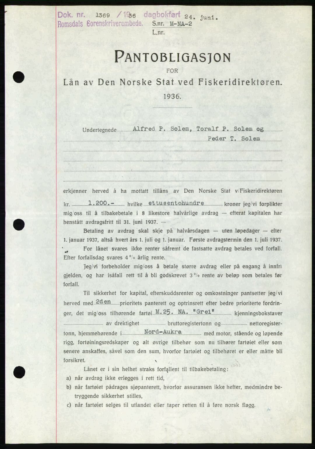 Romsdal sorenskriveri, SAT/A-4149/1/2/2C: Pantebok nr. B1, 1936-1939, Dagboknr: 1369/1936