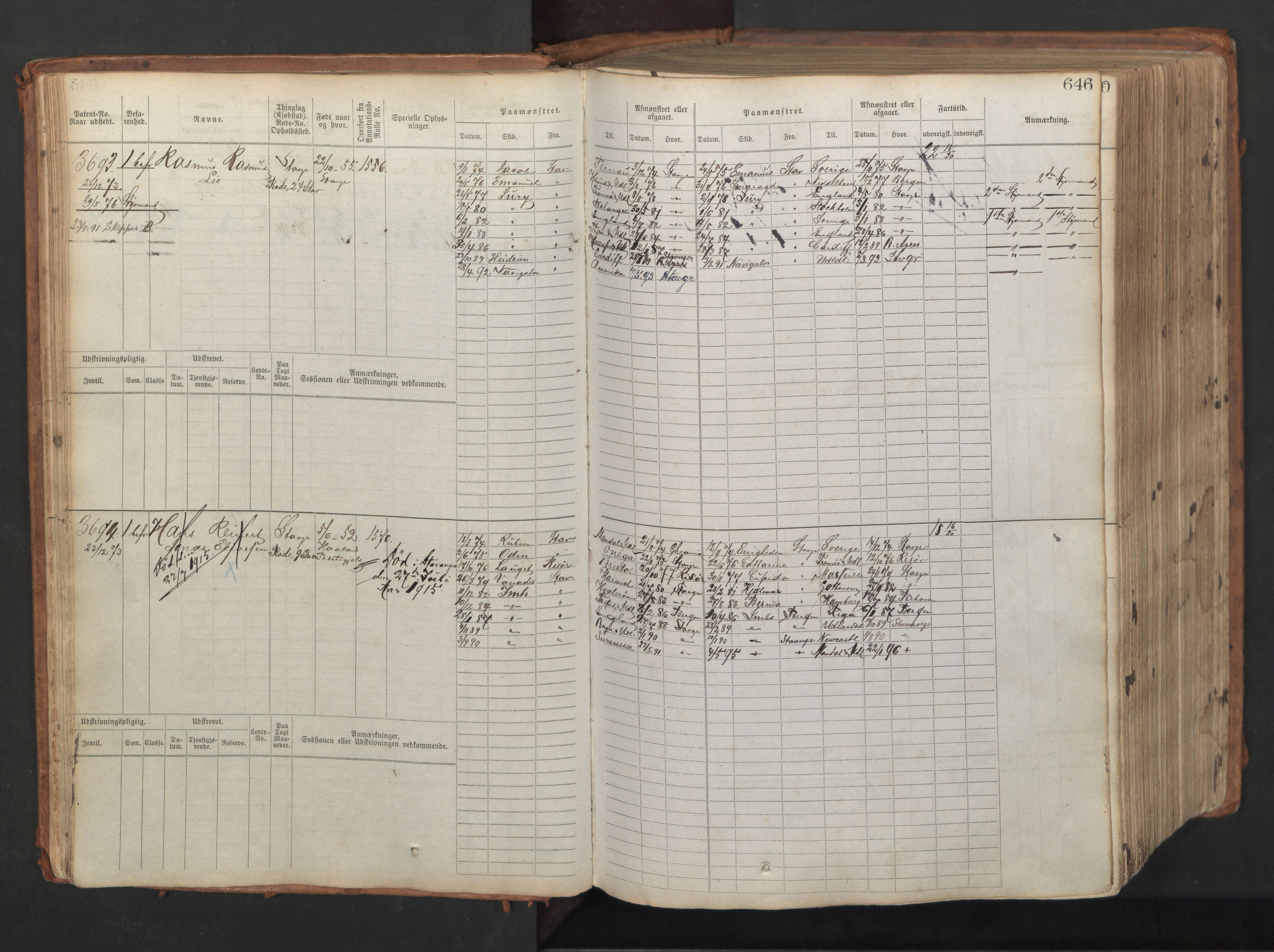 Stavanger sjømannskontor, AV/SAST-A-102006/F/Fb/Fbb/L0008: Sjøfartshovedrulle, patentnr. 3605-4804, 1873, s. 57