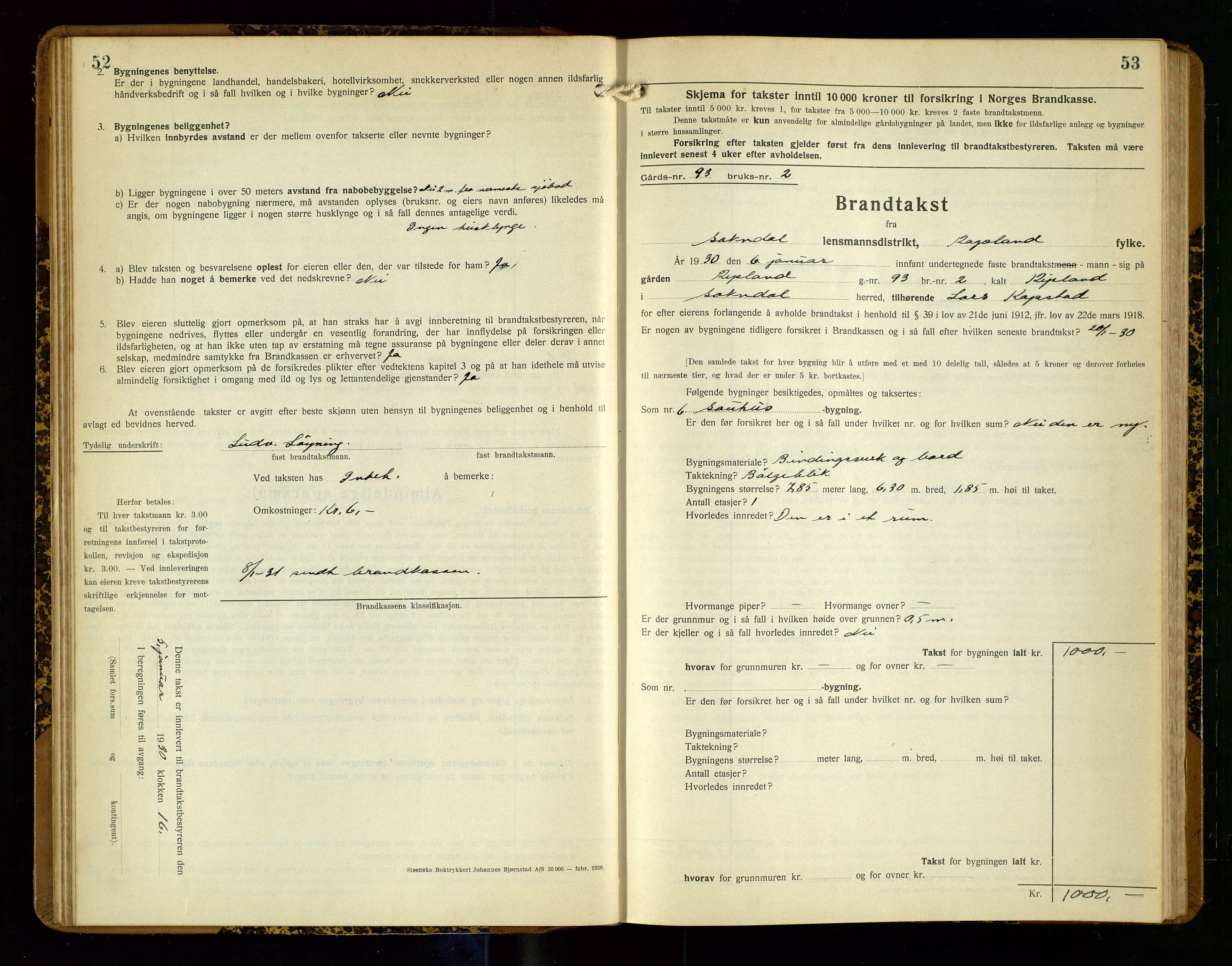 Sokndal lensmannskontor, AV/SAST-A-100417/Gob/L0007: "Brandtakst-Protokoll", 1930-1936, s. 52-53