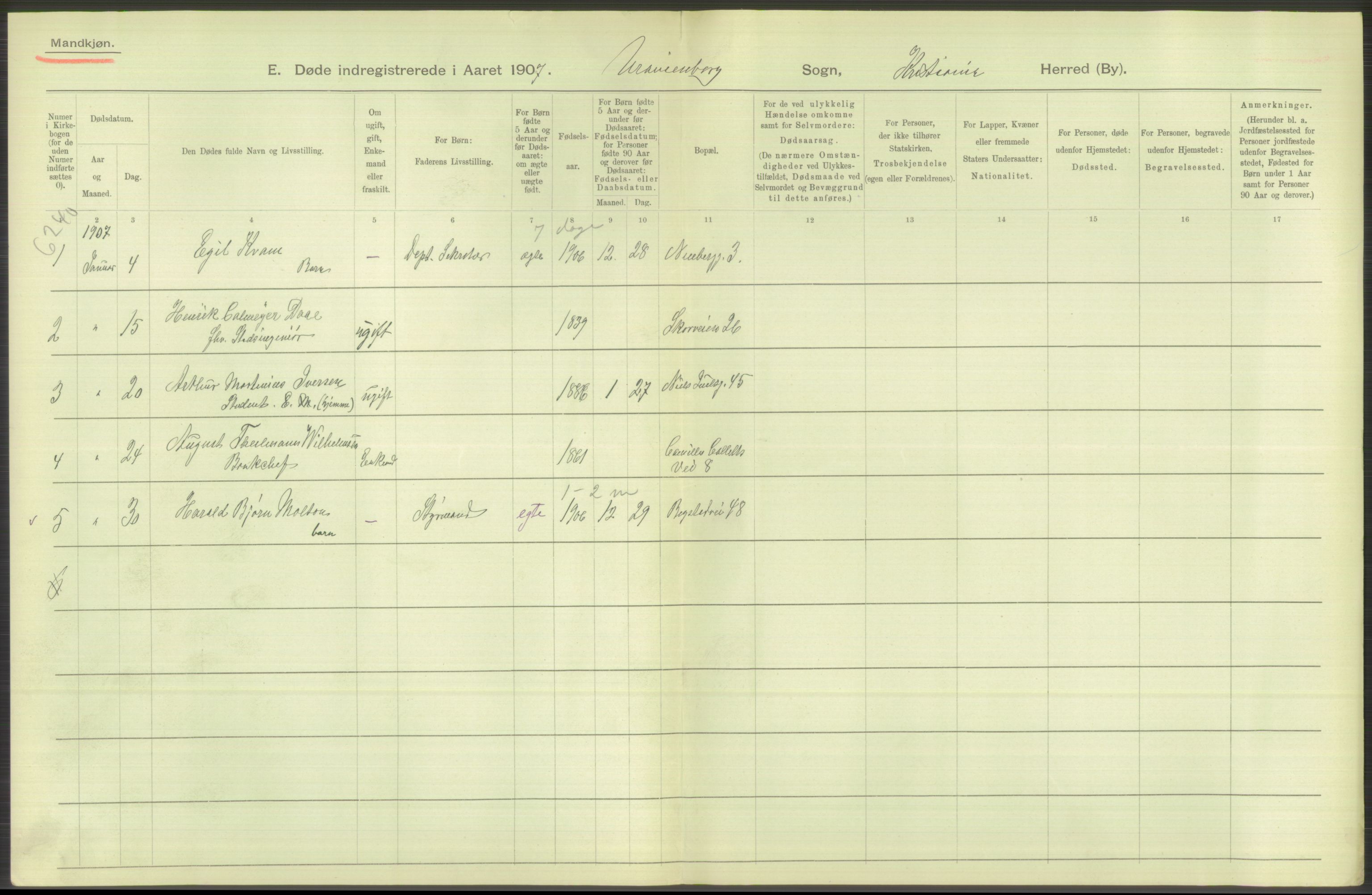 Statistisk sentralbyrå, Sosiodemografiske emner, Befolkning, AV/RA-S-2228/D/Df/Dfa/Dfae/L0010: Kristiania: Døde, dødfødte, 1907, s. 514