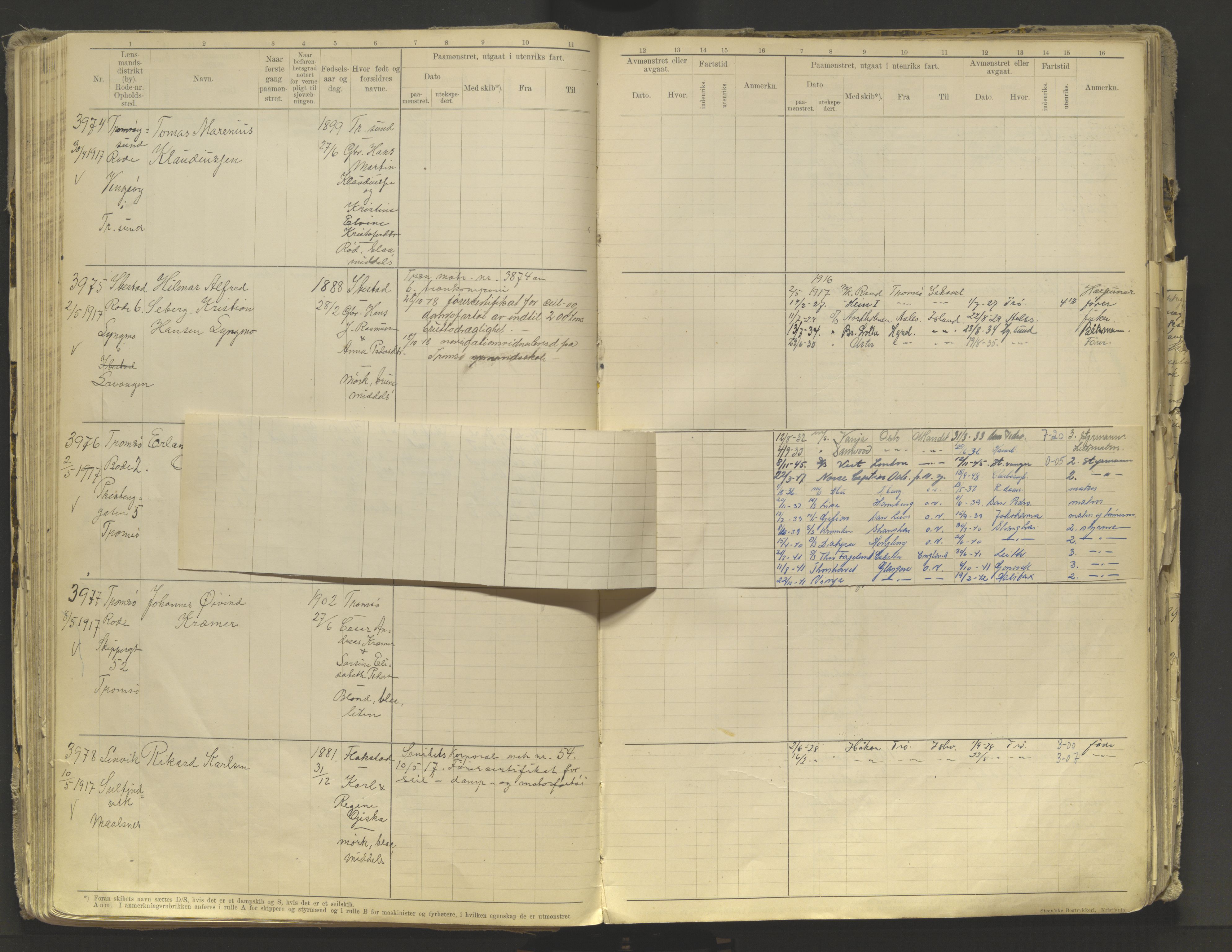 Tromsø sjømannskontor/innrullerings-/mønstringsdistrikt, AV/SATØ-S-0243/F/Fb/L0010: Annotasjonsrulle. Defekt: løs innbinding. Nr. 3519-4972, 1916-1920