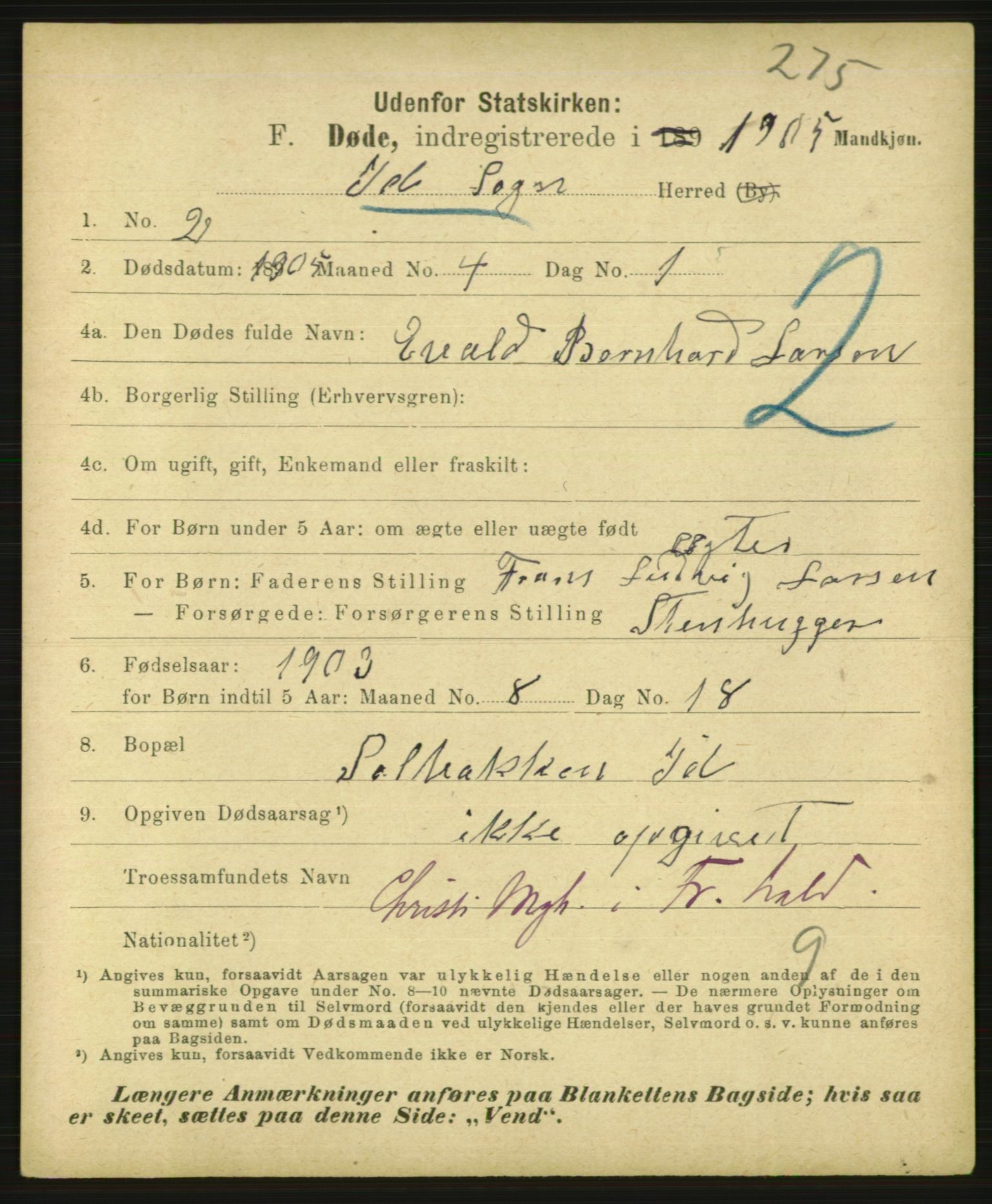 Statistisk sentralbyrå, Sosiodemografiske emner, Befolkning, AV/RA-S-2228/E/L0003: Fødte, gifte, døde dissentere., 1905, s. 2109