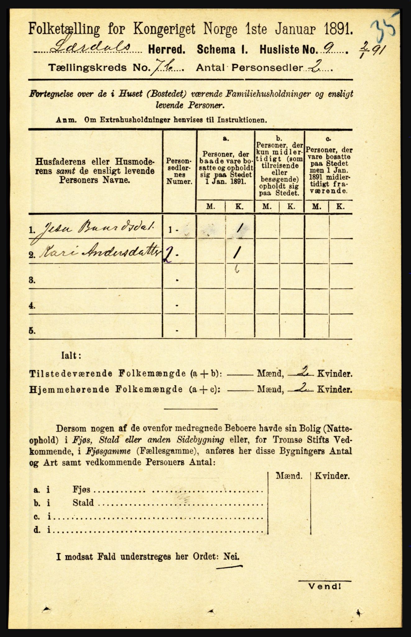 RA, Folketelling 1891 for 1422 Lærdal herred, 1891, s. 1115