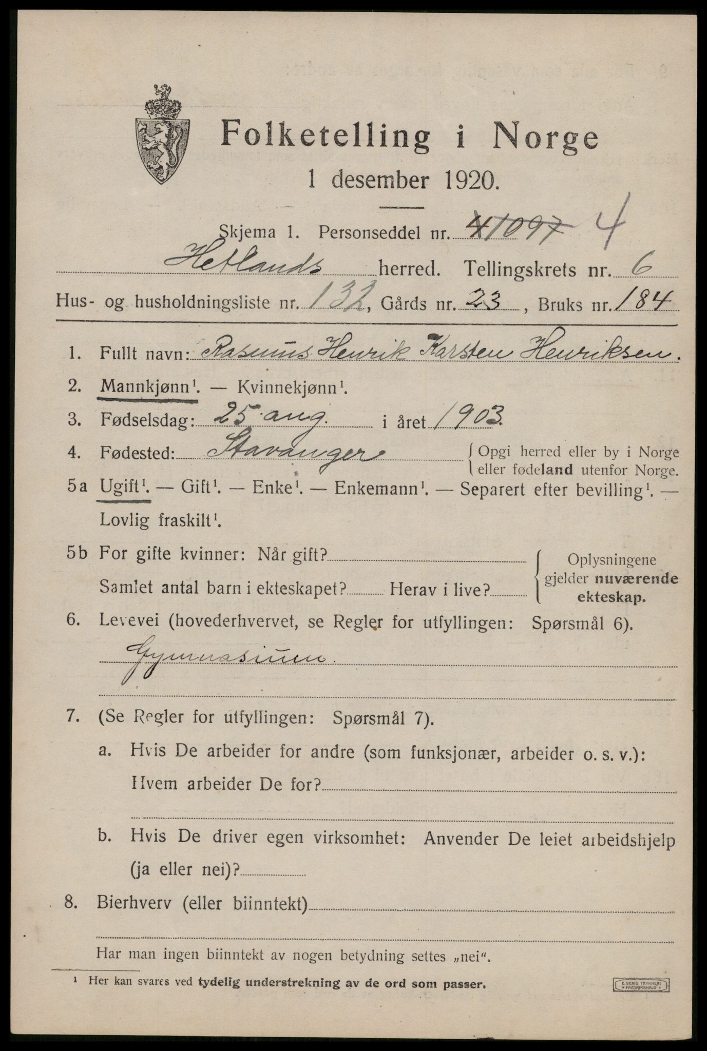 SAST, Folketelling 1920 for 1126 Hetland herred, 1920, s. 11647