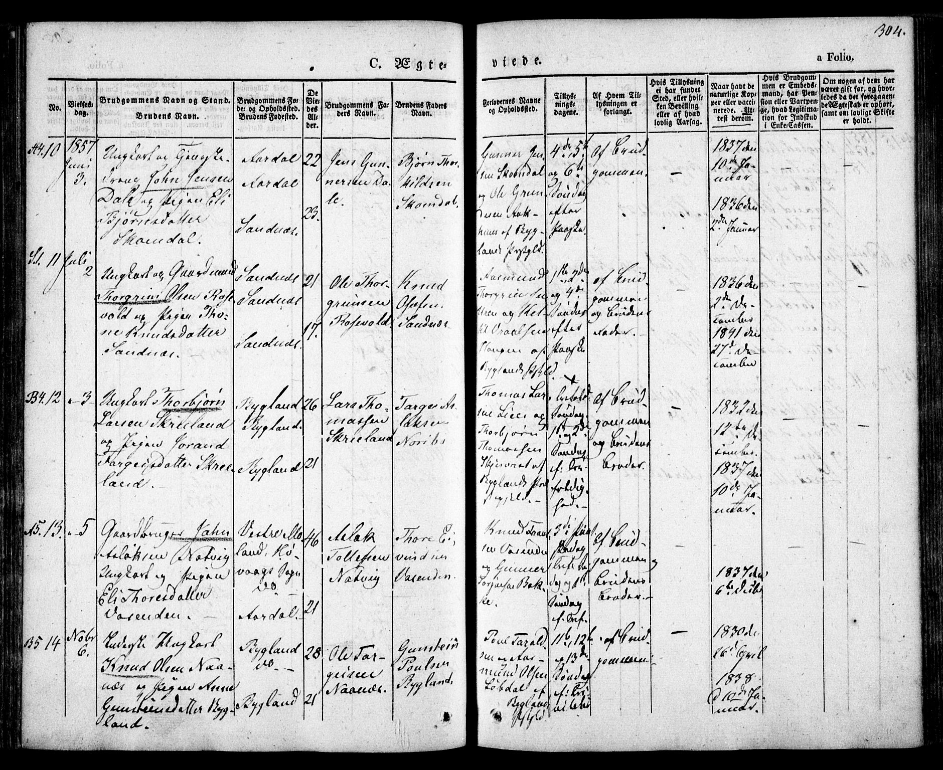 Bygland sokneprestkontor, AV/SAK-1111-0006/F/Fa/Fab/L0004: Ministerialbok nr. A 4, 1842-1858, s. 304