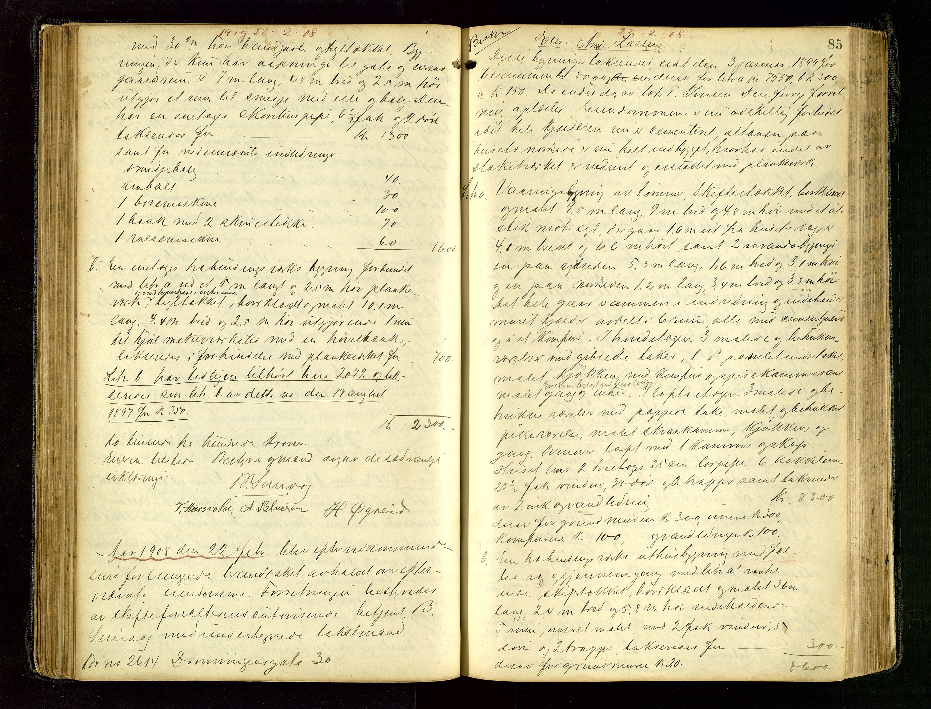 Norges Brannkasse Stavanger, AV/SAST-A-102143/F/Fd/L0008: Branntaksprotokoll nr. 19, 1906-1910, s. 84b-85a