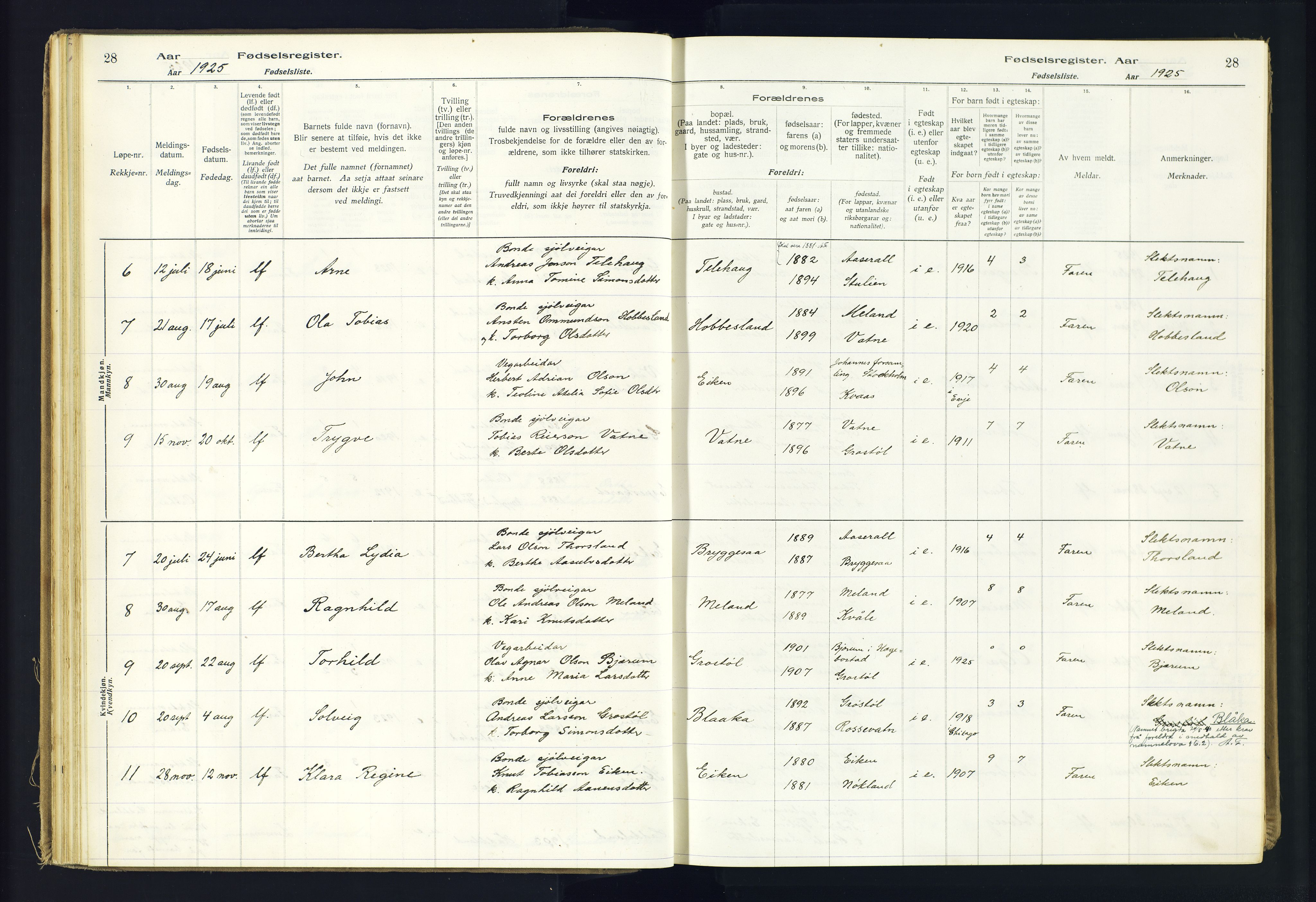 Hægebostad sokneprestkontor, AV/SAK-1111-0024/J/Ja/L0002: Fødselsregister nr. II.6.8, 1916-1982, s. 28