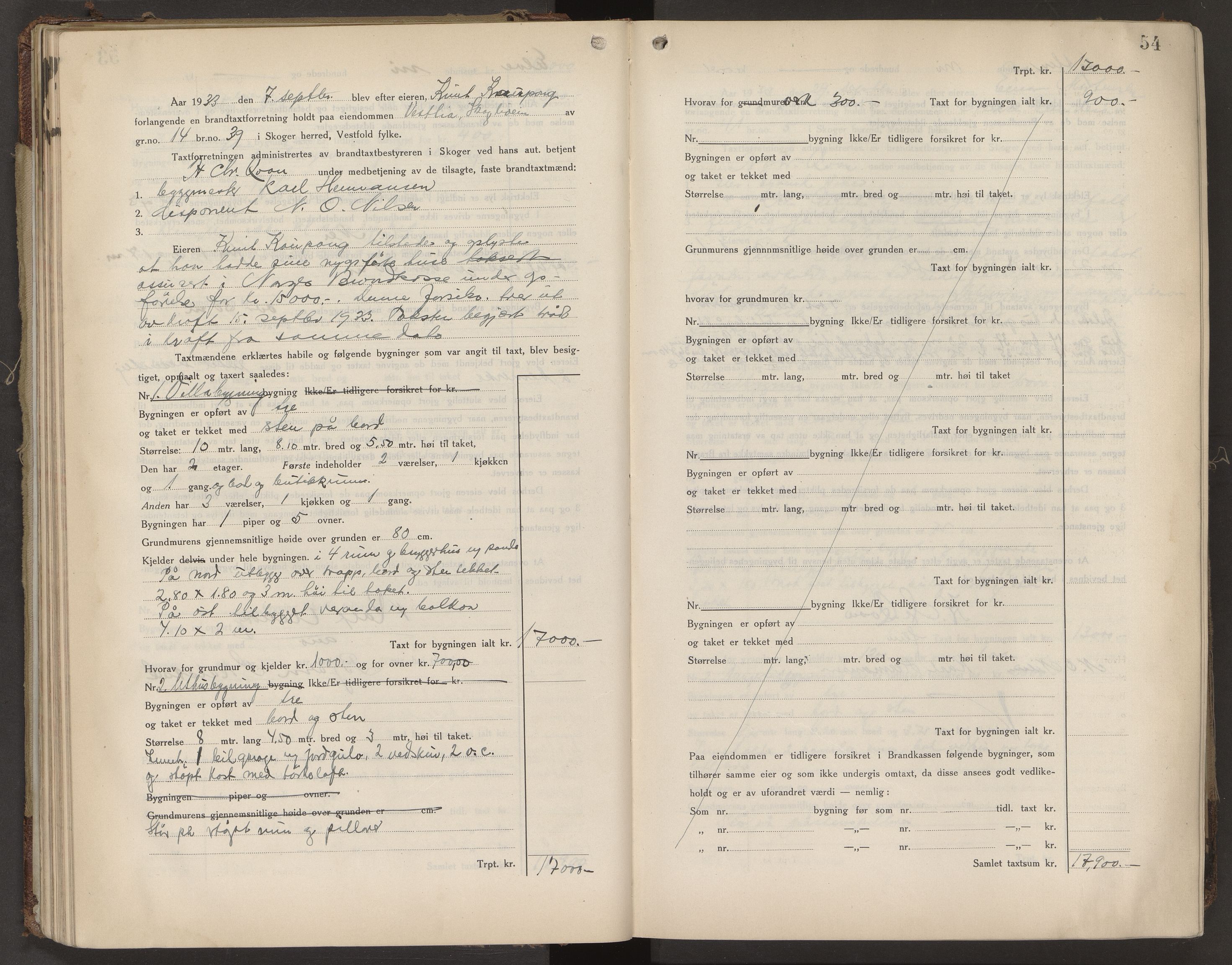 Skoger lensmannskontor, AV/SAKO-A-548/Y/Yi/Yia/L0010: Branntakstprotokoll, 1931-1942, s. 54