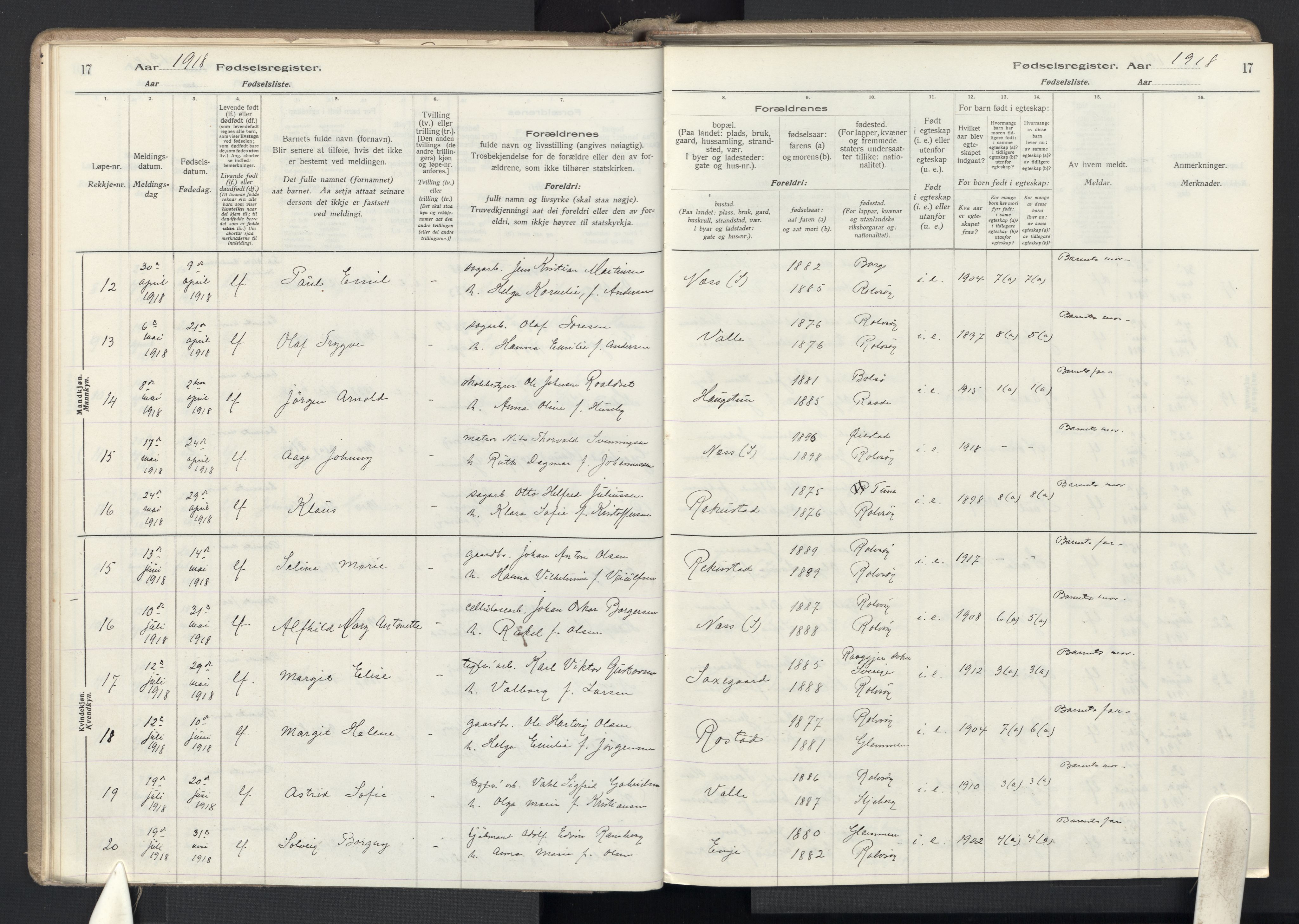 Rolvsøy prestekontor Kirkebøker, SAO/A-2004/J/Ja/L0001: Fødselsregister nr. 1, 1916-1946, s. 17