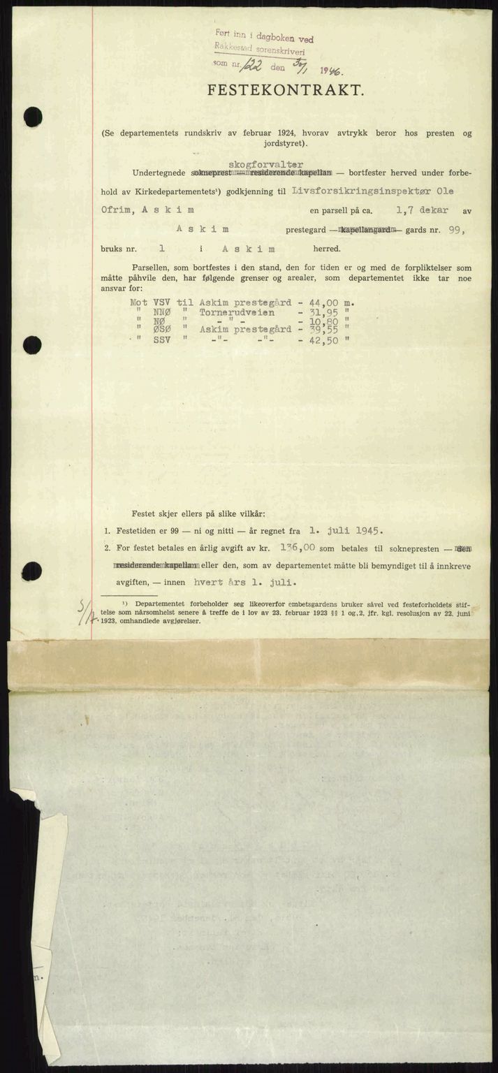 Rakkestad sorenskriveri, AV/SAO-A-10686/G/Gb/Gba/Gbab/L0012a: Pantebok nr. A12 I, 1945-1946, Dagboknr: 122/1946