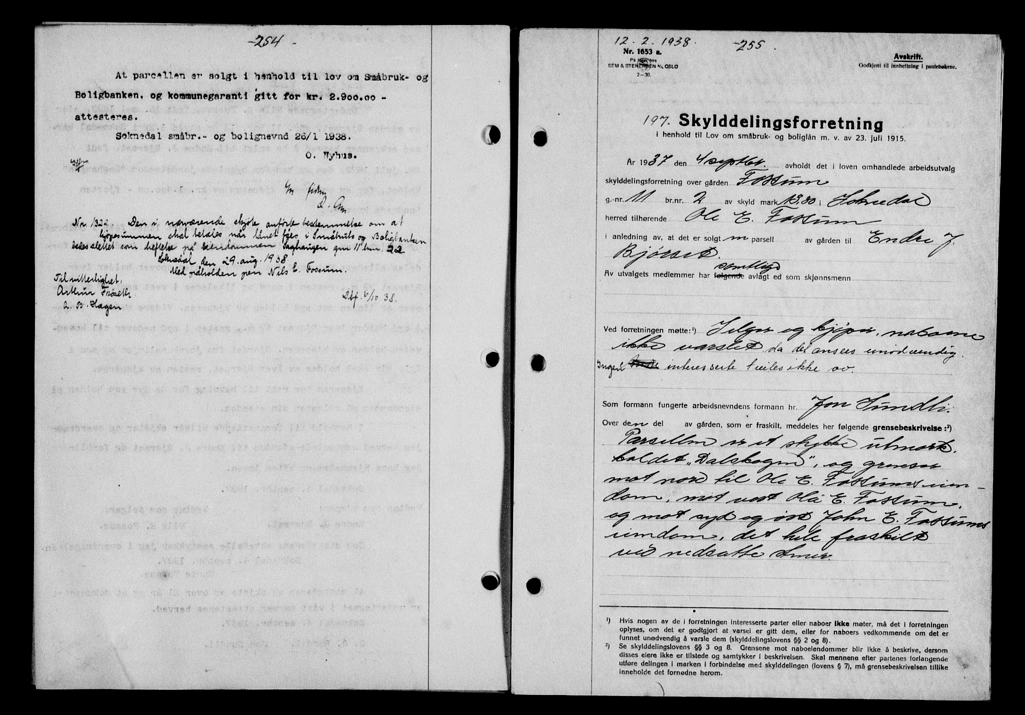Gauldal sorenskriveri, SAT/A-0014/1/2/2C/L0048: Pantebok nr. 51-52, 1937-1938, s. 254-255, Dagboknr: 197/1938