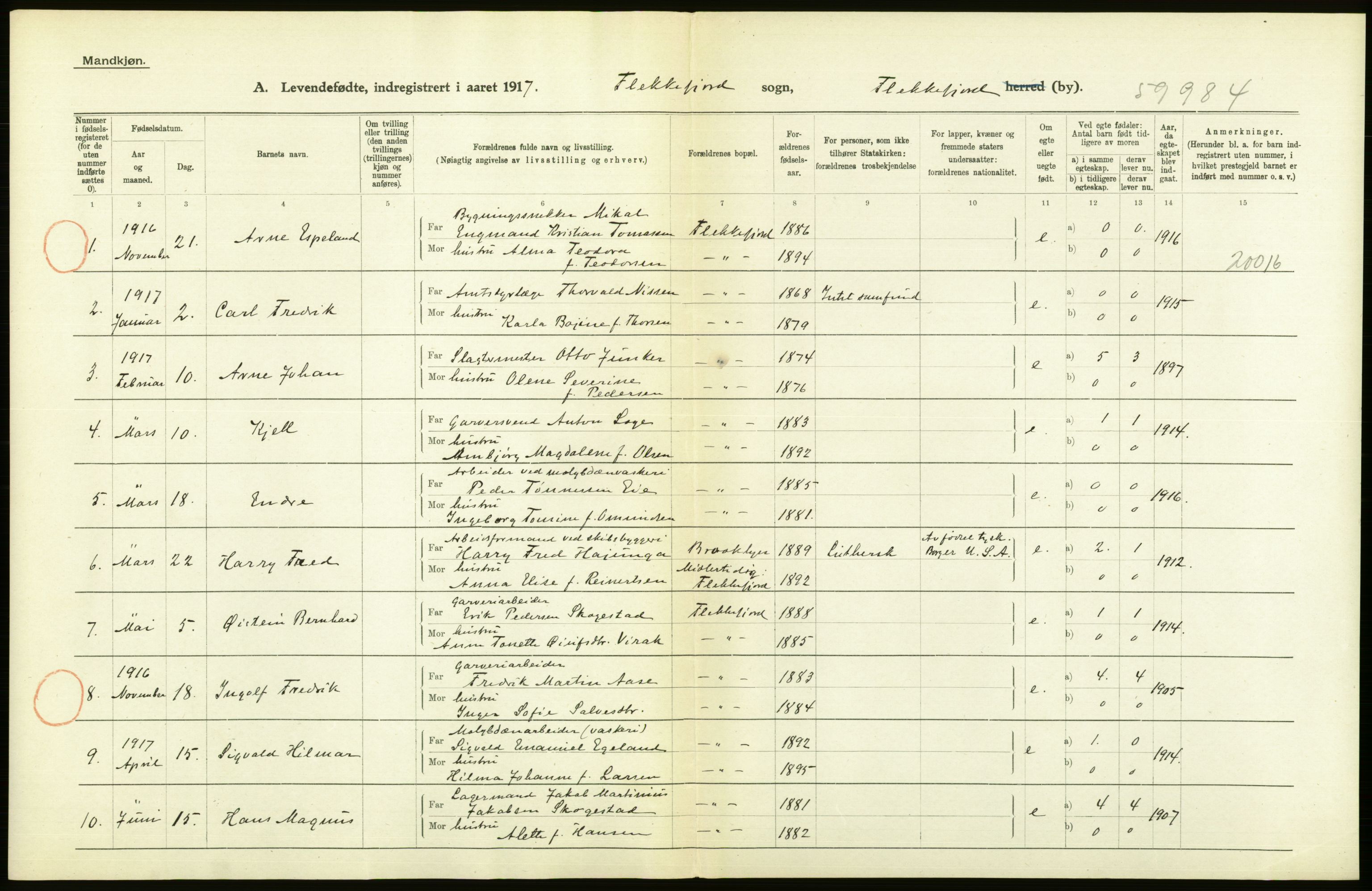 Statistisk sentralbyrå, Sosiodemografiske emner, Befolkning, AV/RA-S-2228/D/Df/Dfb/Dfbg/L0029: Lister og Mandals amt: Levendefødte menn og kvinner. Bygder og byer., 1917, s. 78