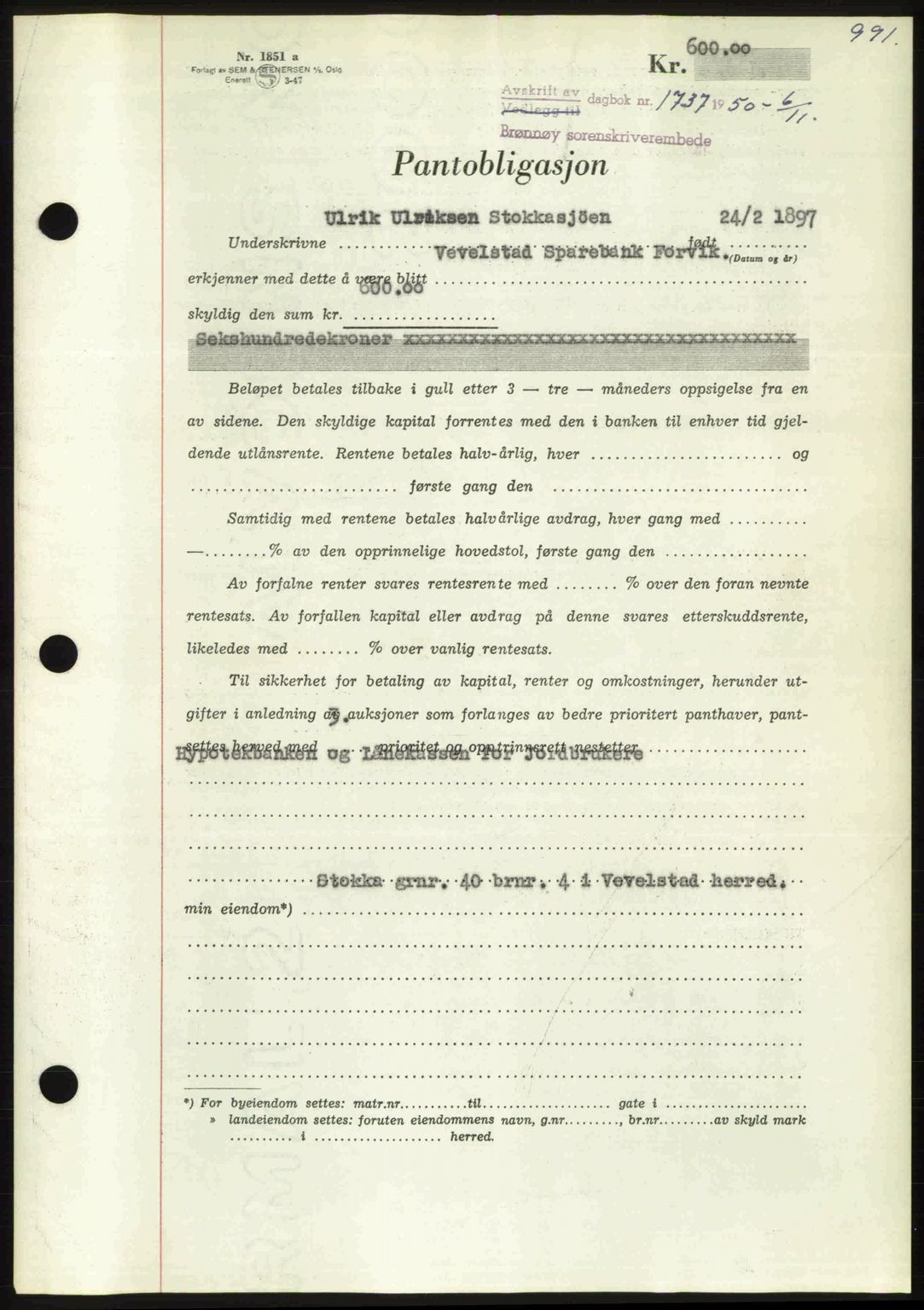 Brønnøy sorenskriveri, SAT/A-4170/1/2/2C: Pantebok nr. 36, 1950-1950, Dagboknr: 1737/1950