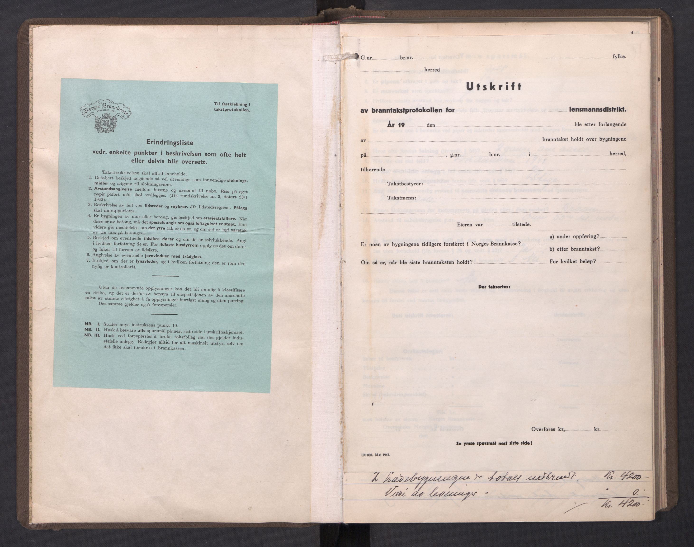Norges brannkasse, branntakster Rygge, AV/SAO-A-11368/F/Fa/L0012: Branntakstprotokoll, 1939-1945